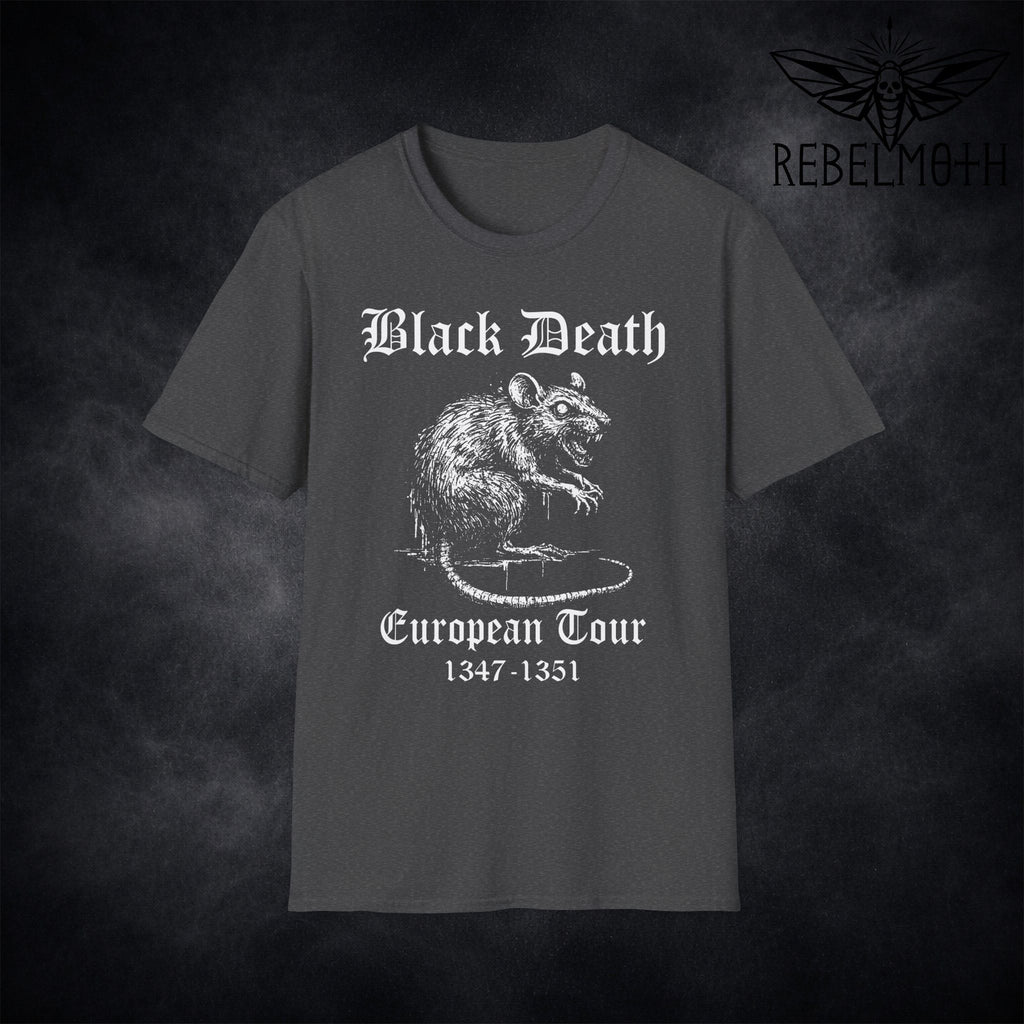 Dark Heather Black Death European Tour T-shirt with white plague rat graphic and gothic text by RebelMoth