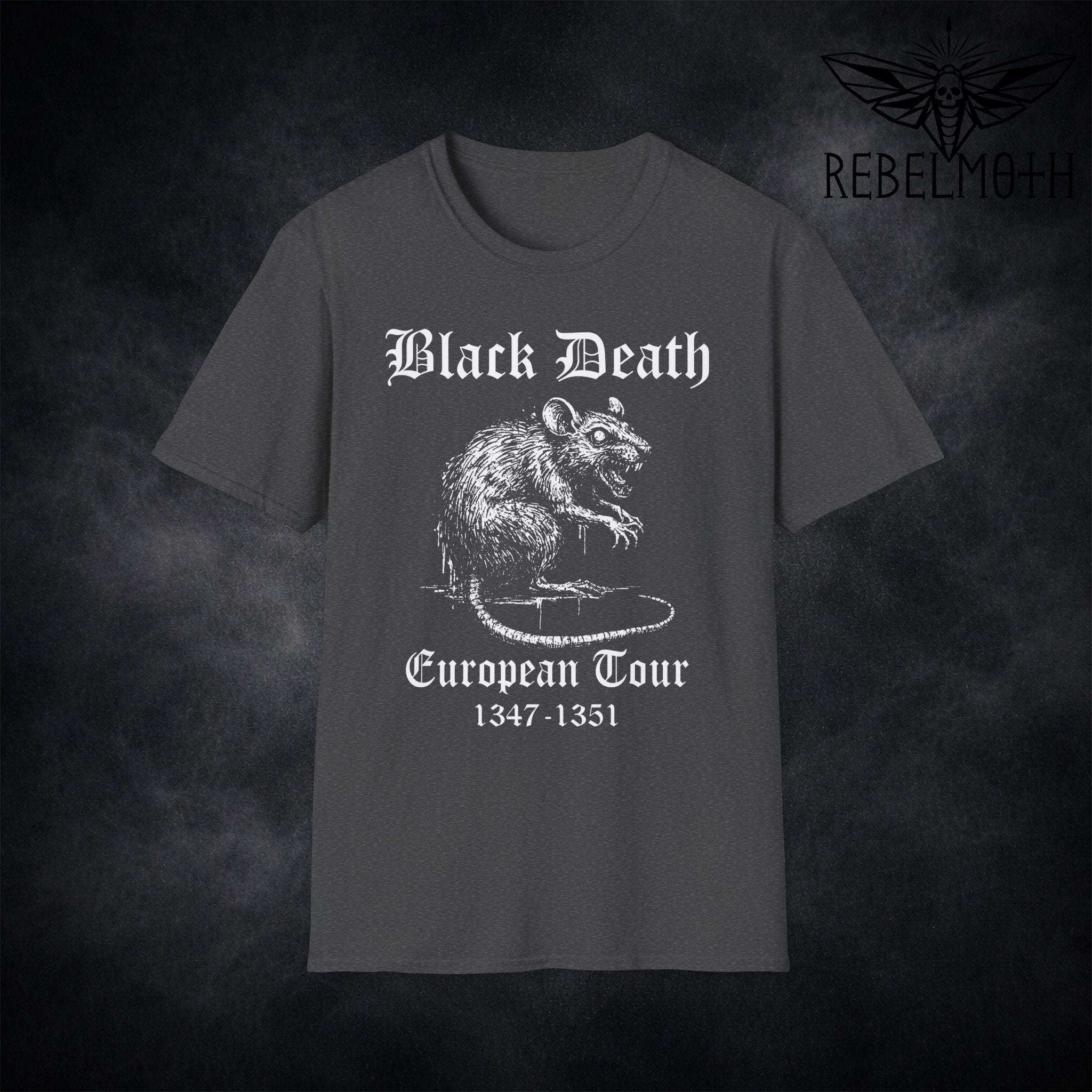 Dark Heather Black Death European Tour T-shirt with white plague rat graphic and gothic text by RebelMoth