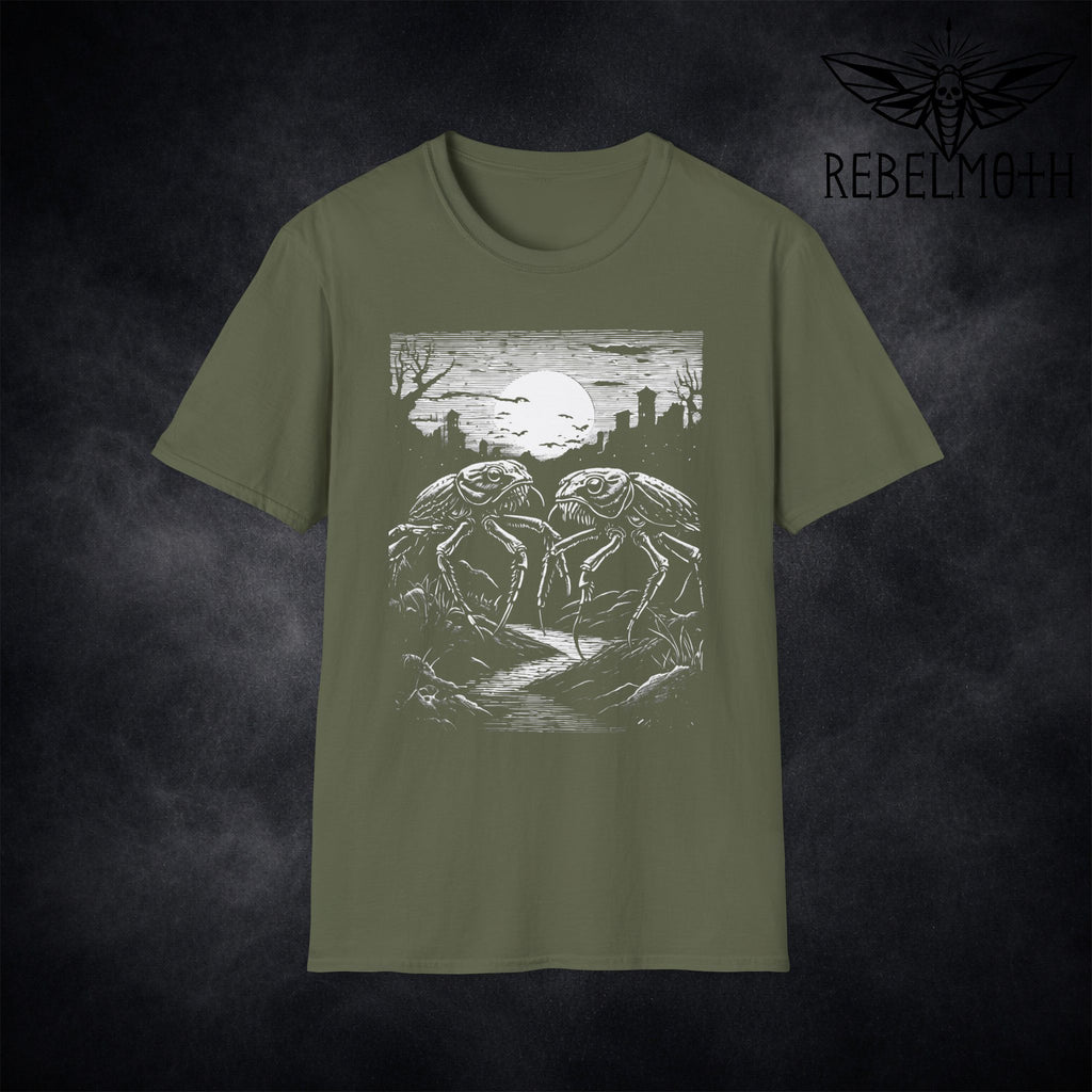 Green Cockroach grunge t-shirt with a bold roach night scene under the moon