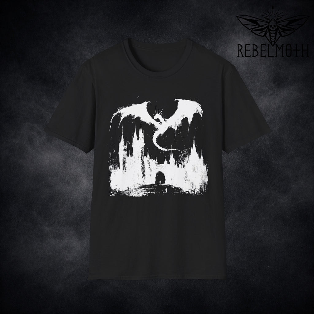 Black t-shirt with medieval dragon coiled around a castle dark fantasy graphic (goth/metal style)