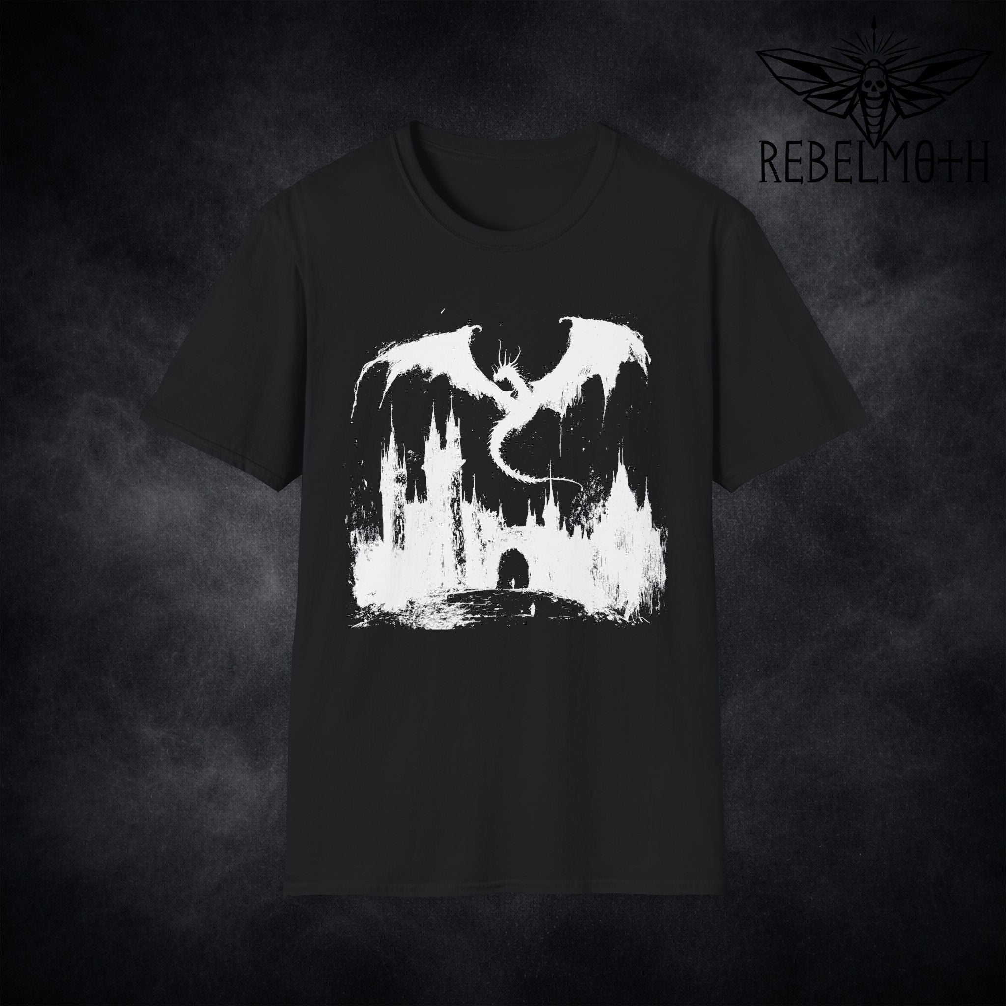 Black t-shirt with medieval dragon coiled around a castle dark fantasy graphic (goth/metal style)