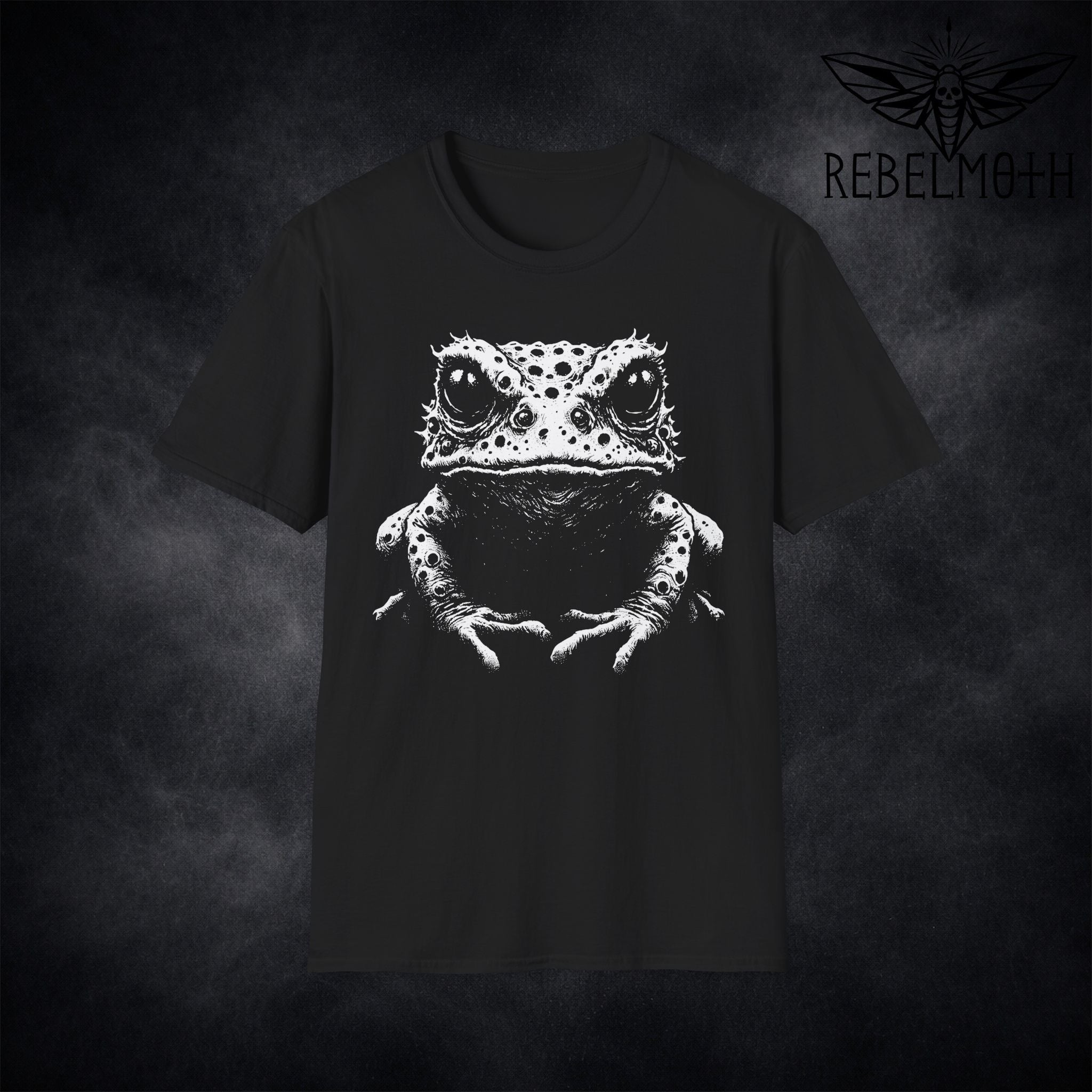 Black weird goth frog T-shirt with white alternative graphic design by RebelMoth