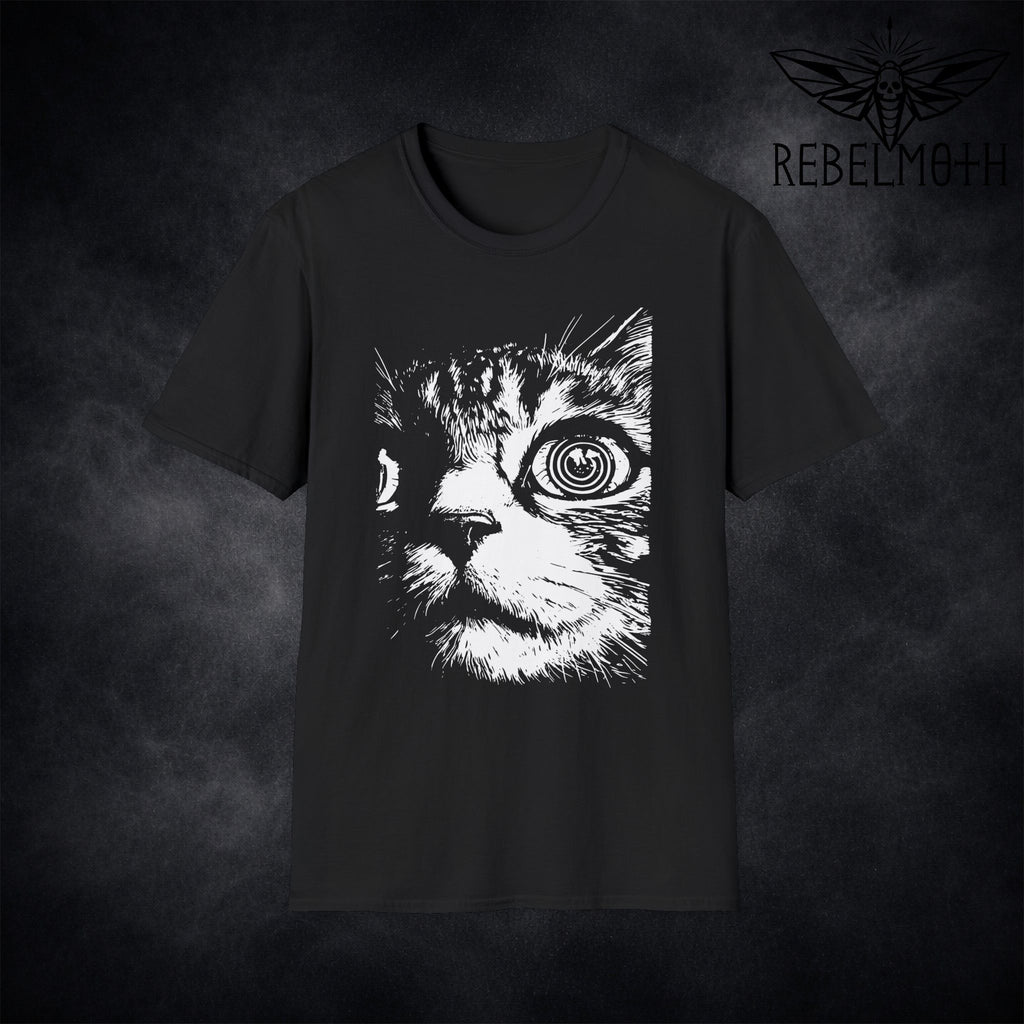 Black t-shirt with psychedelic cat face close-up and hypnotic spiral eye graphic (black-and-white)