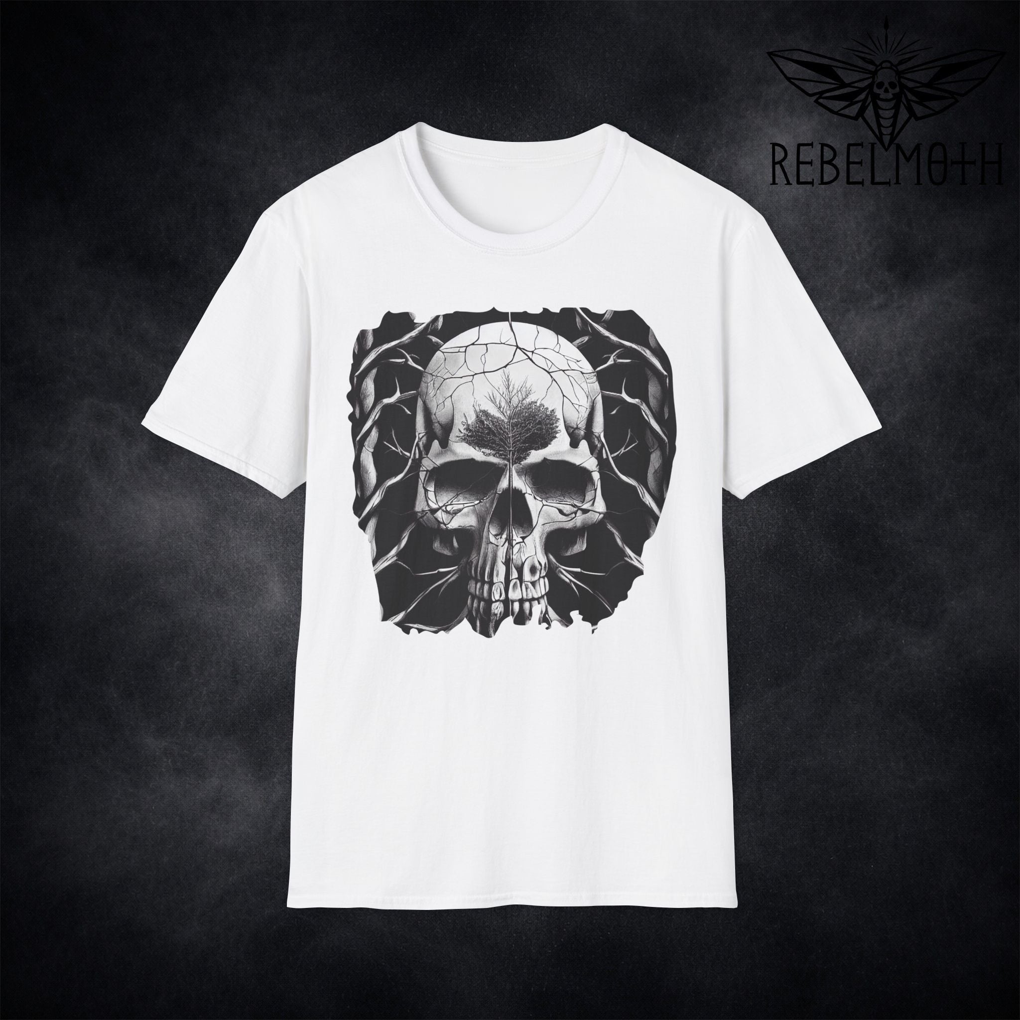 White t-shirt with cracked skull and tree tattoo-style graphic in high contrast