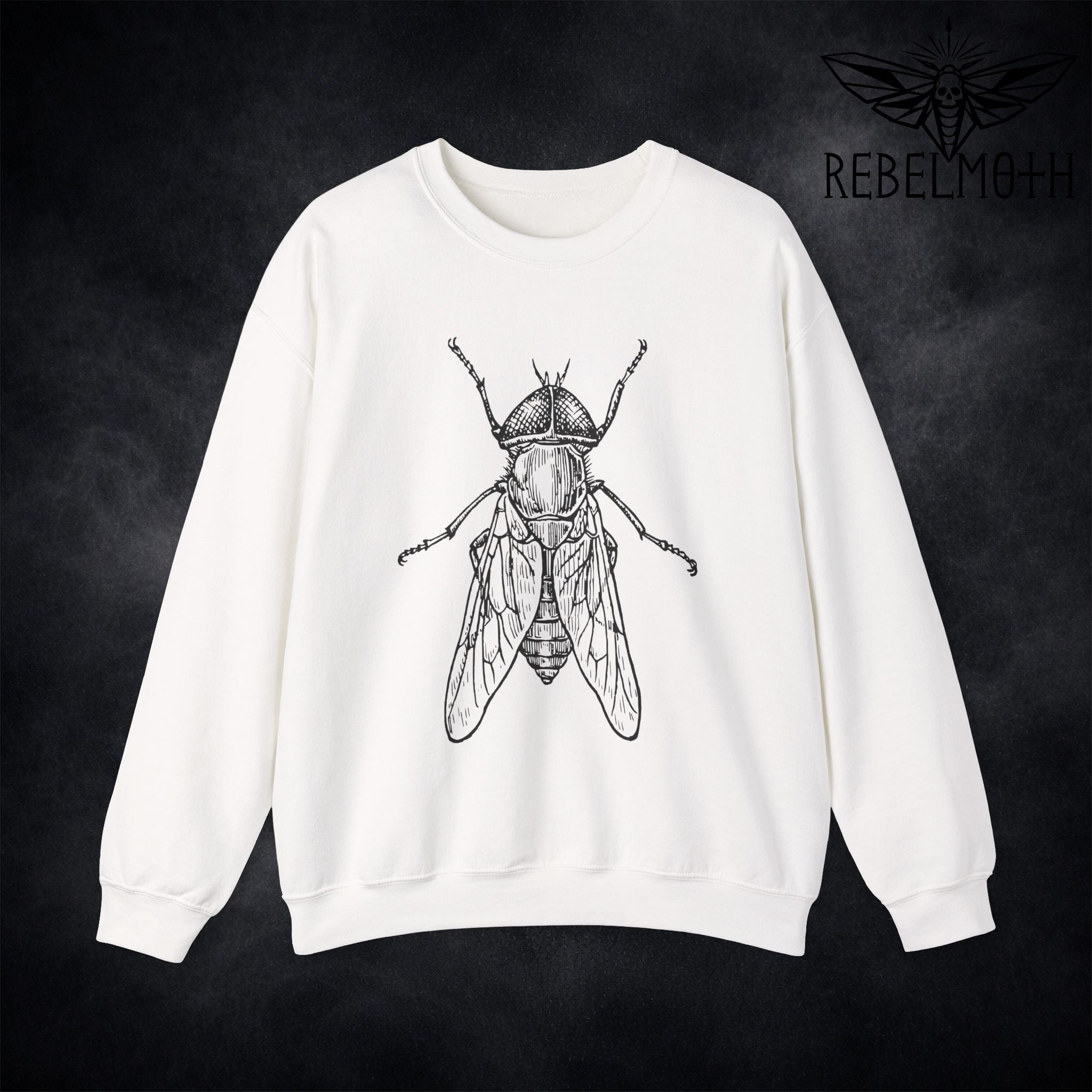 White sweatshirt with weird house fly insect vintage bug graphic