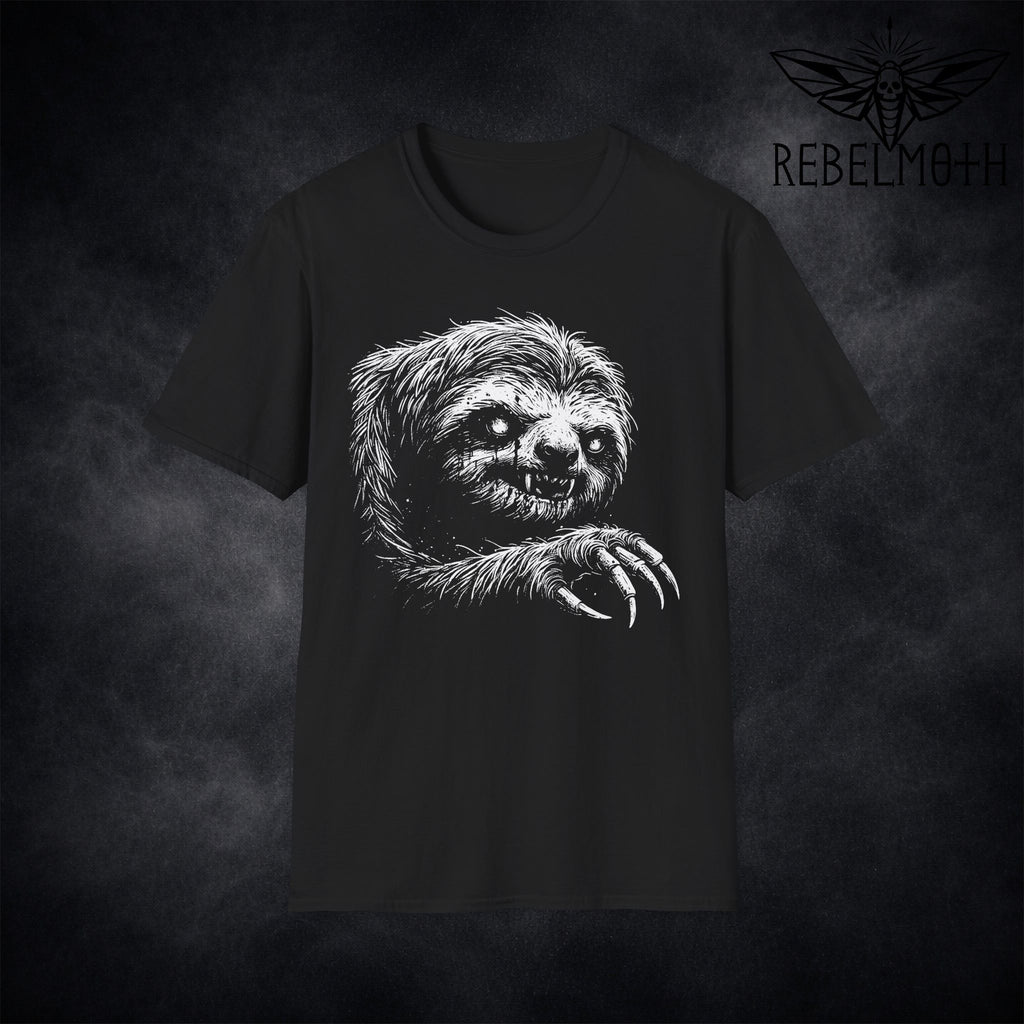 Creepy sloth graphic tee with distressed white artwork on black t-shirt