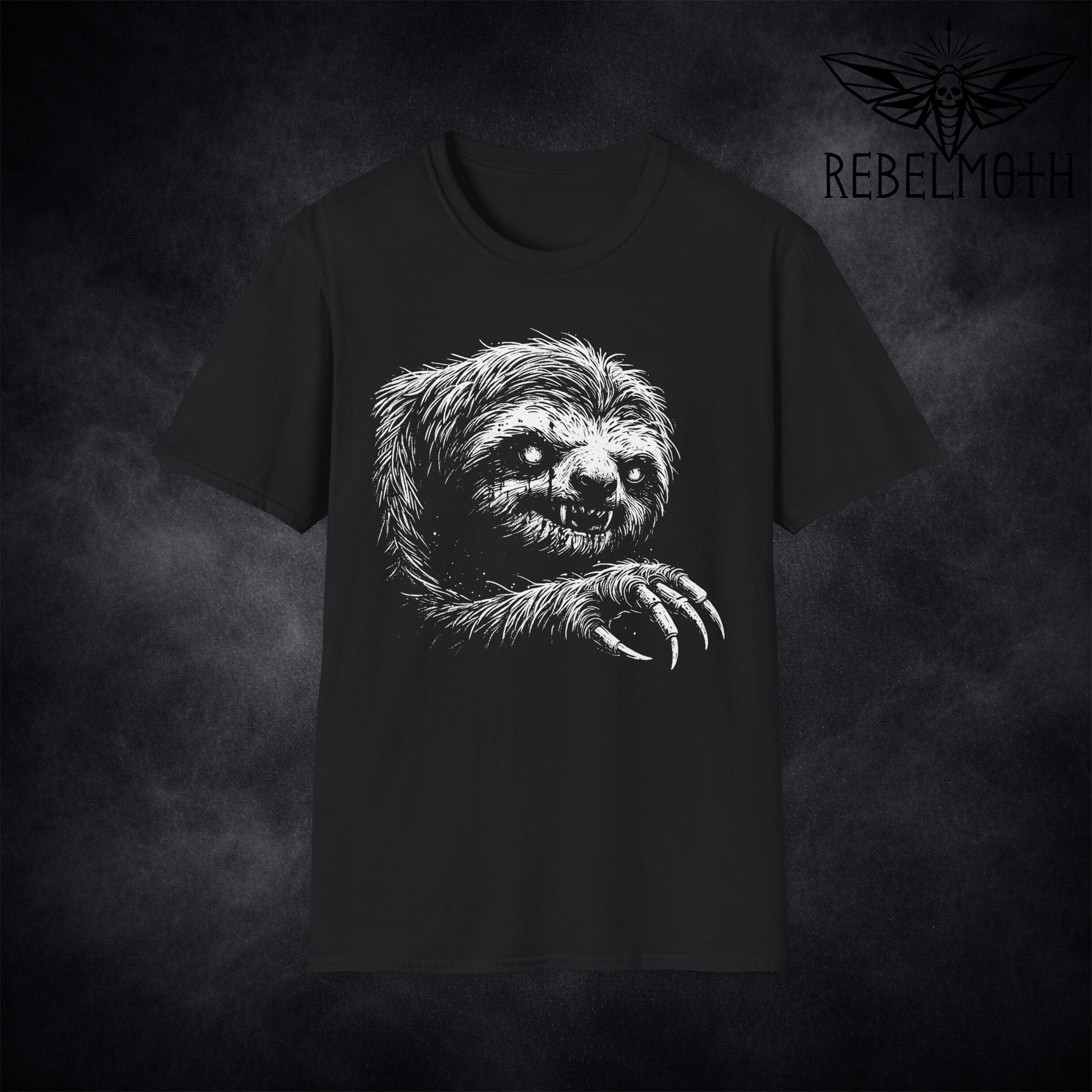 Creepy sloth graphic tee with distressed white artwork on black t-shirt