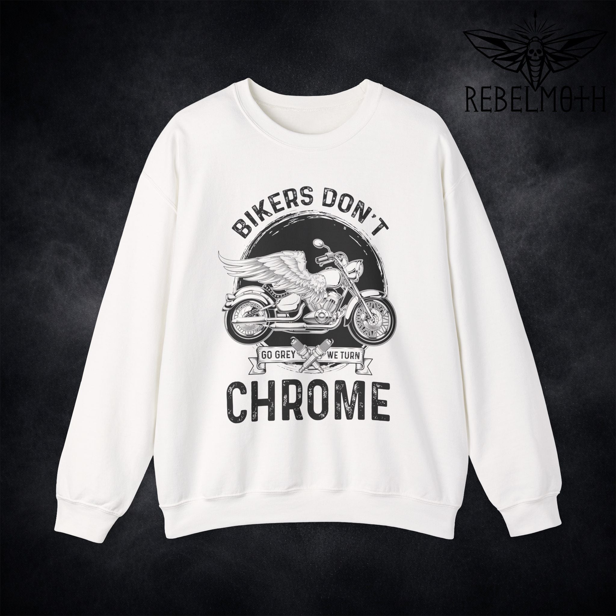 White motorcycle crewneck sweatshirt with “Bikers don’t go grey we turn chrome” quote and bike graphic