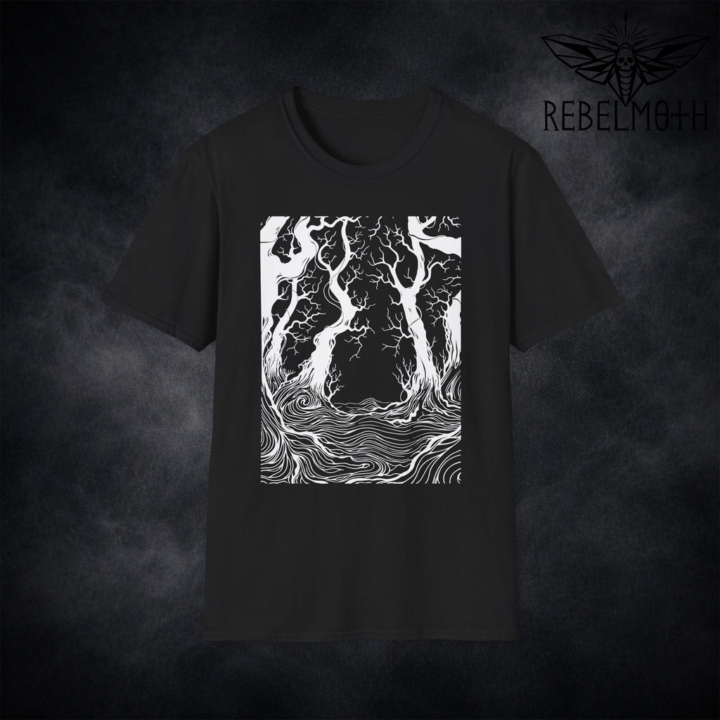 Black t-shirt with mystic forest woodcut roots graphic in white, hypnotic root linework
