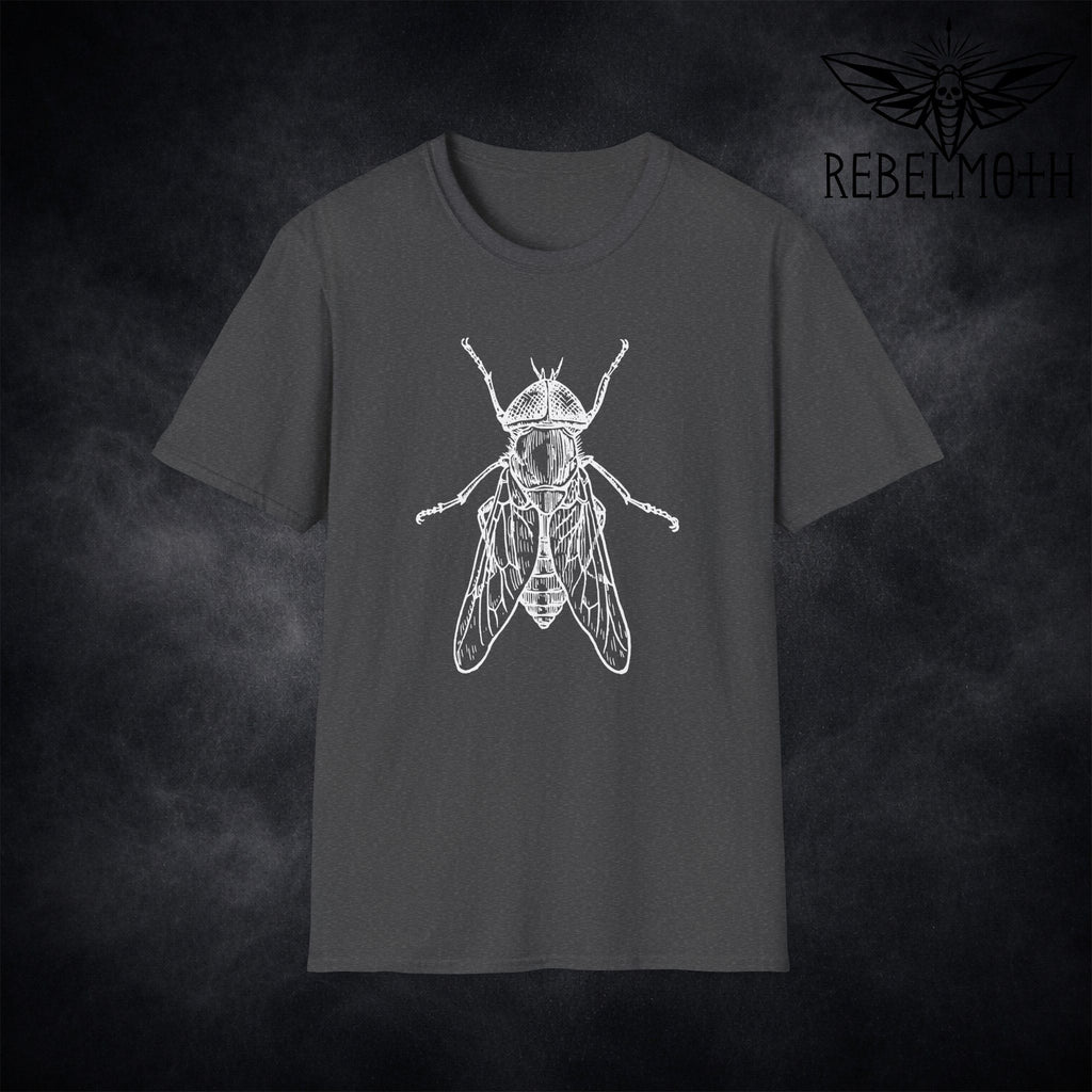 Grey t-shirt with vintage house fly insect illustration graphic in white line art (minimal bug tee)