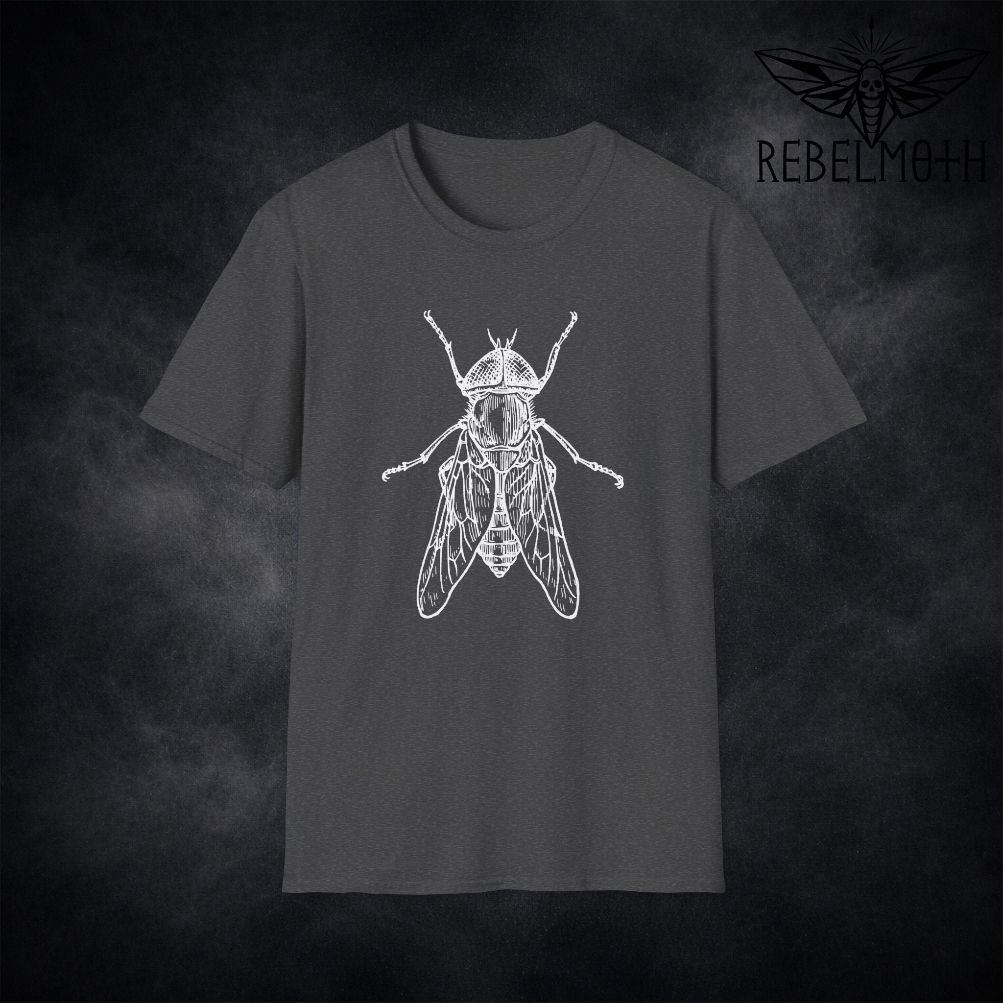 Grey t-shirt with vintage house fly insect illustration graphic in white line art (minimal bug tee)