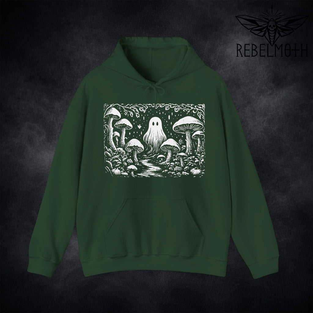 Forest Green hoodie with linocut-style ghost in a mushroom forest graphic (weirdcore goth hoodie)