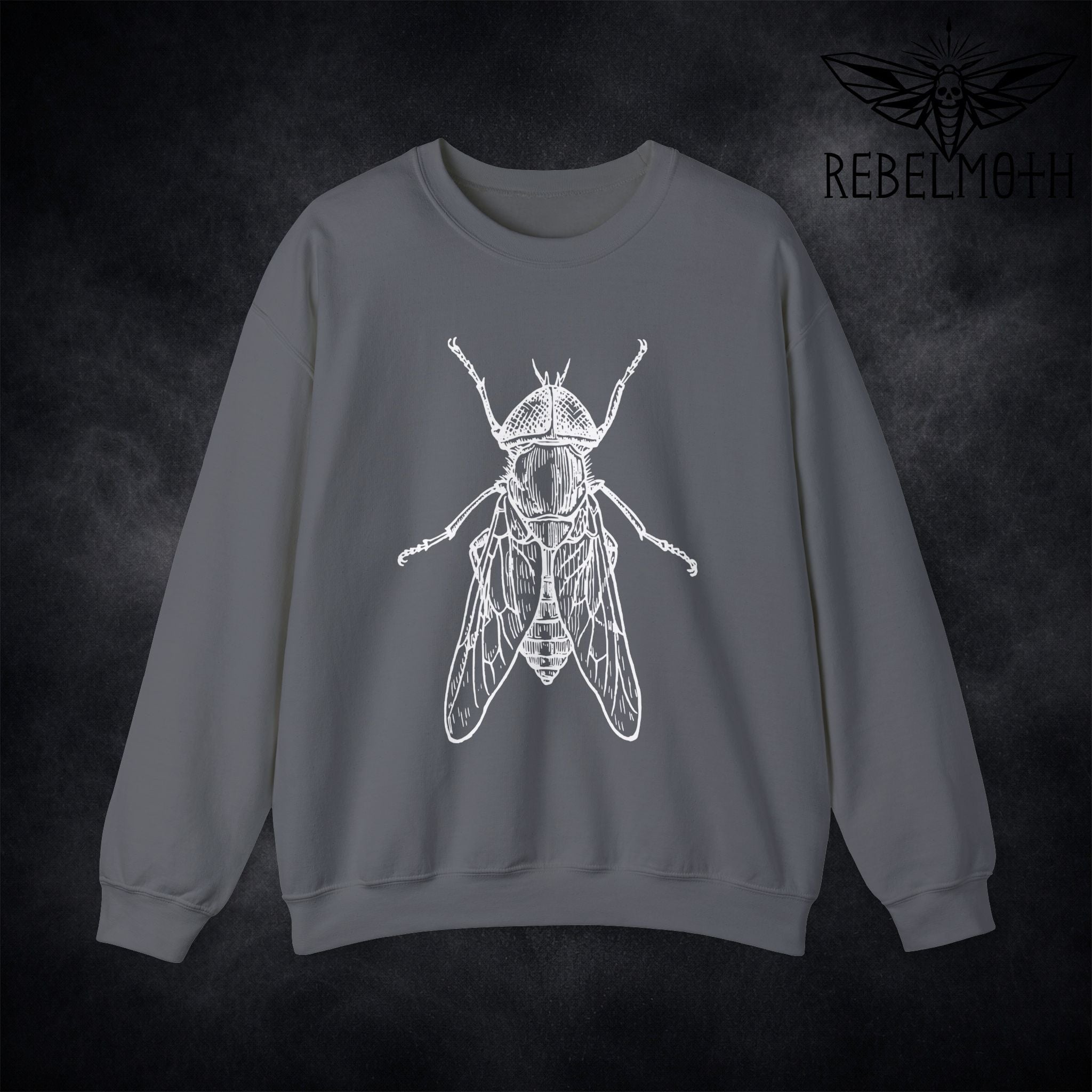 Grey sweatshirt with weird house fly insect vintage bug graphic