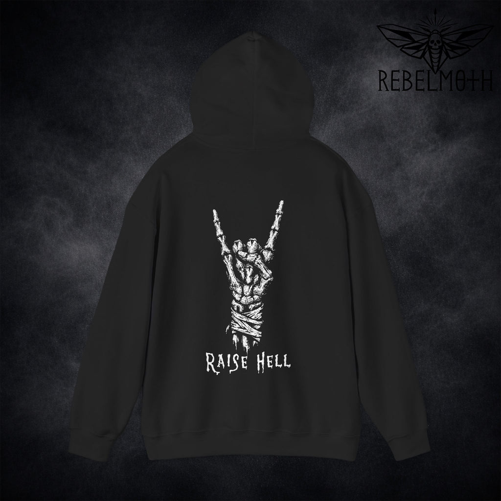 Black metal hoodie with devil horns skeleton hand design and 'Raise Hell' text on the back