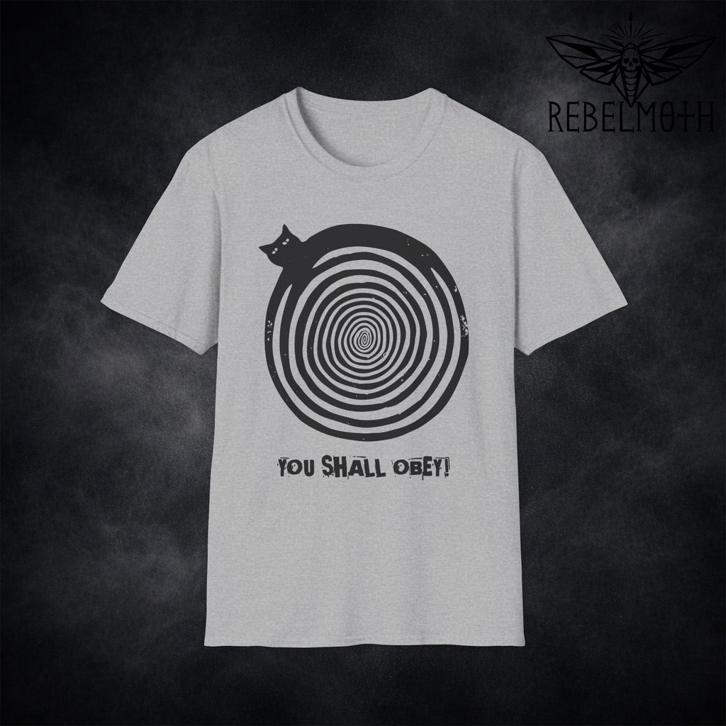 Grey hypnotic cat T-shirt with spiral graphic and You Shall Obey text by RebelMoth