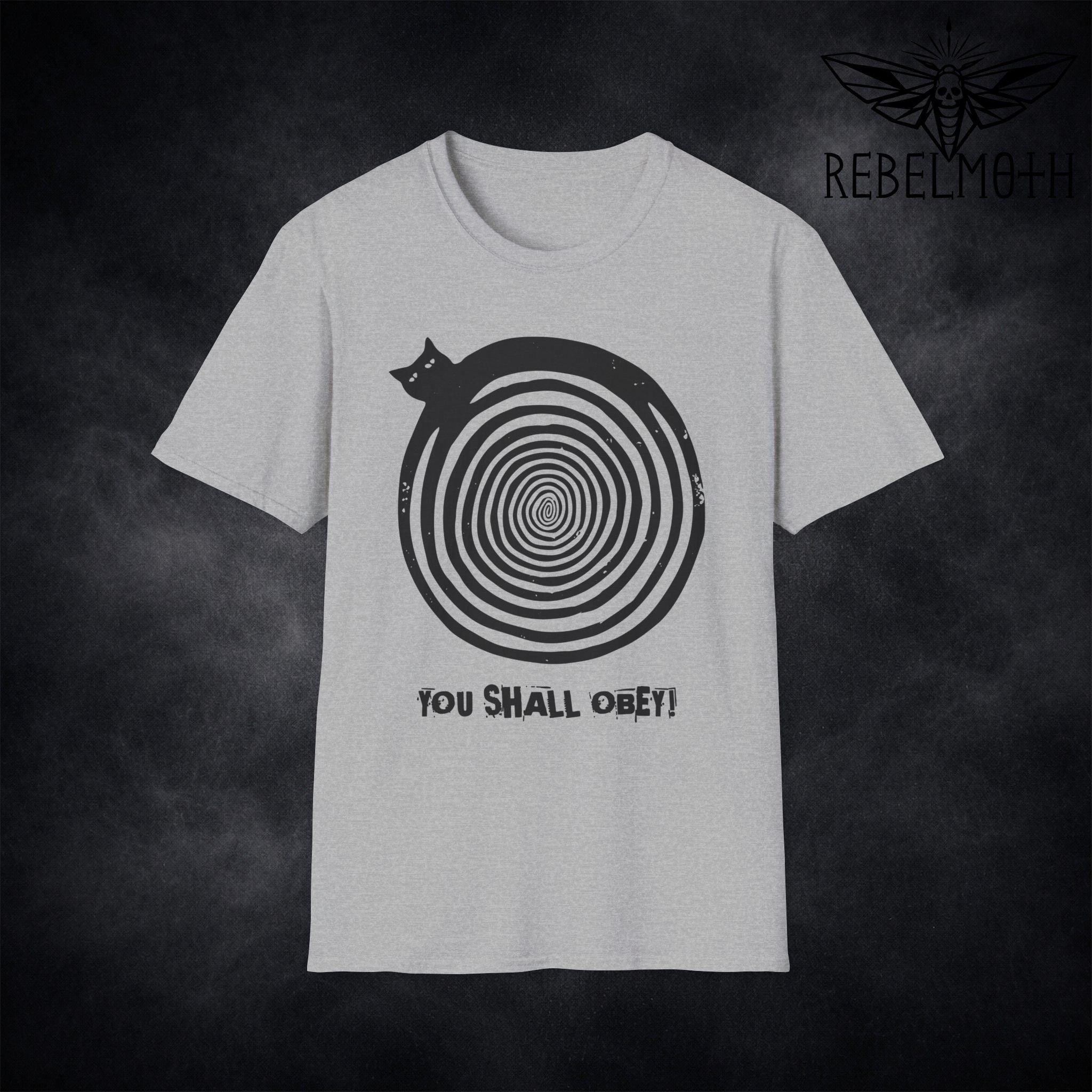 Grey hypnotic cat T-shirt with spiral graphic and You Shall Obey text by RebelMoth