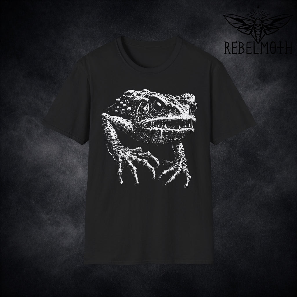 Black horror frog T-shirt with grotesque white creature graphic by RebelMoth