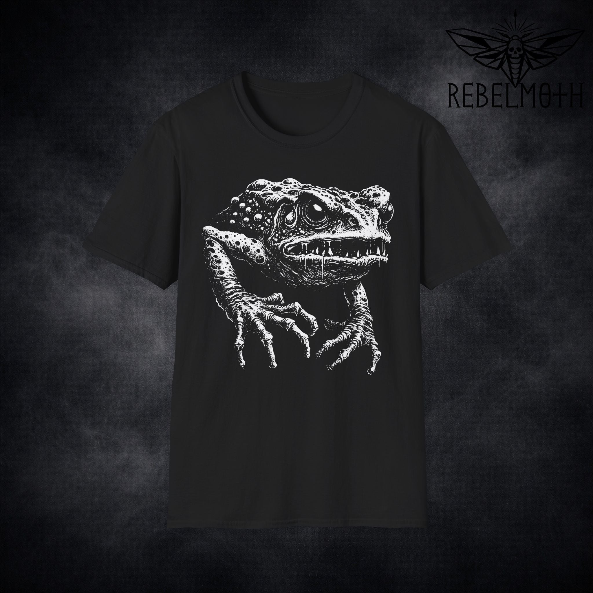 Black horror frog T-shirt with grotesque white creature graphic by RebelMoth