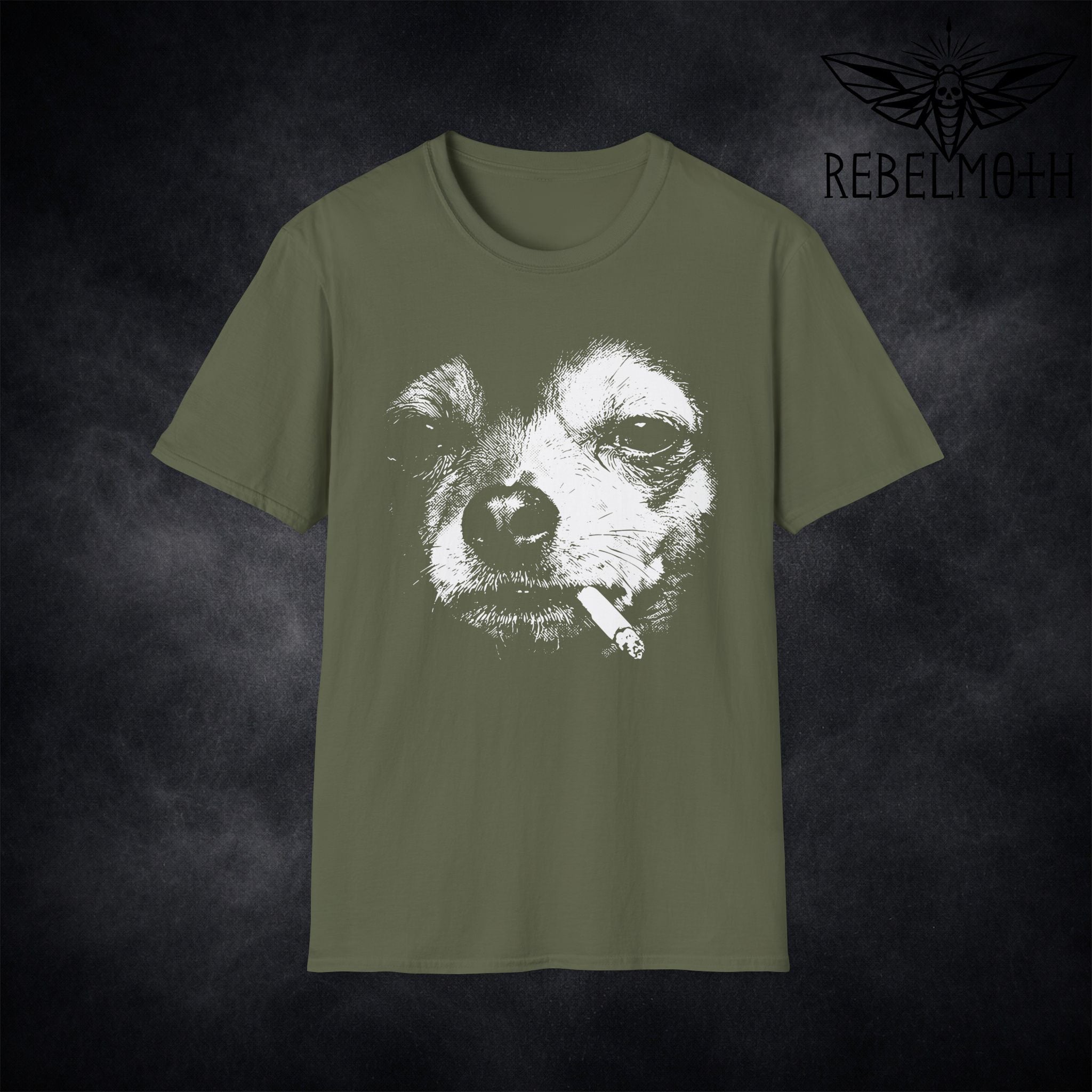 Smoking chihuahua T-shirt with white vintage-style dog face graphic by RebelMoth