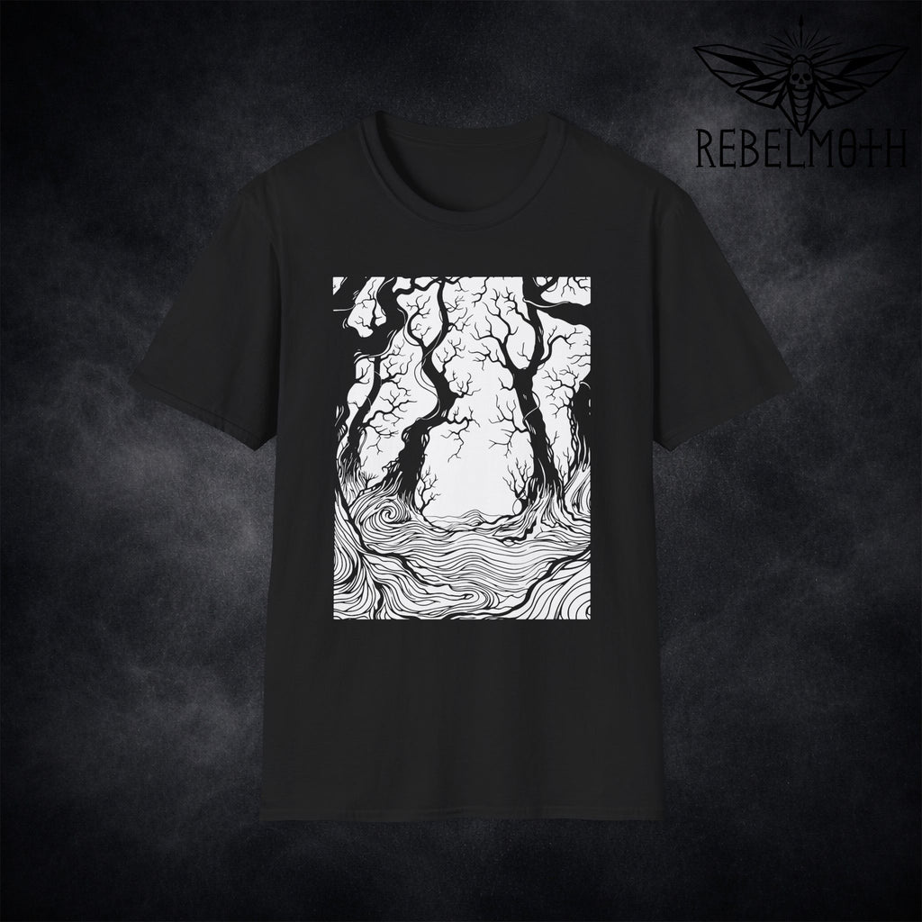 Black goth t-shirt with dark forest trees with hypnotic roots design
