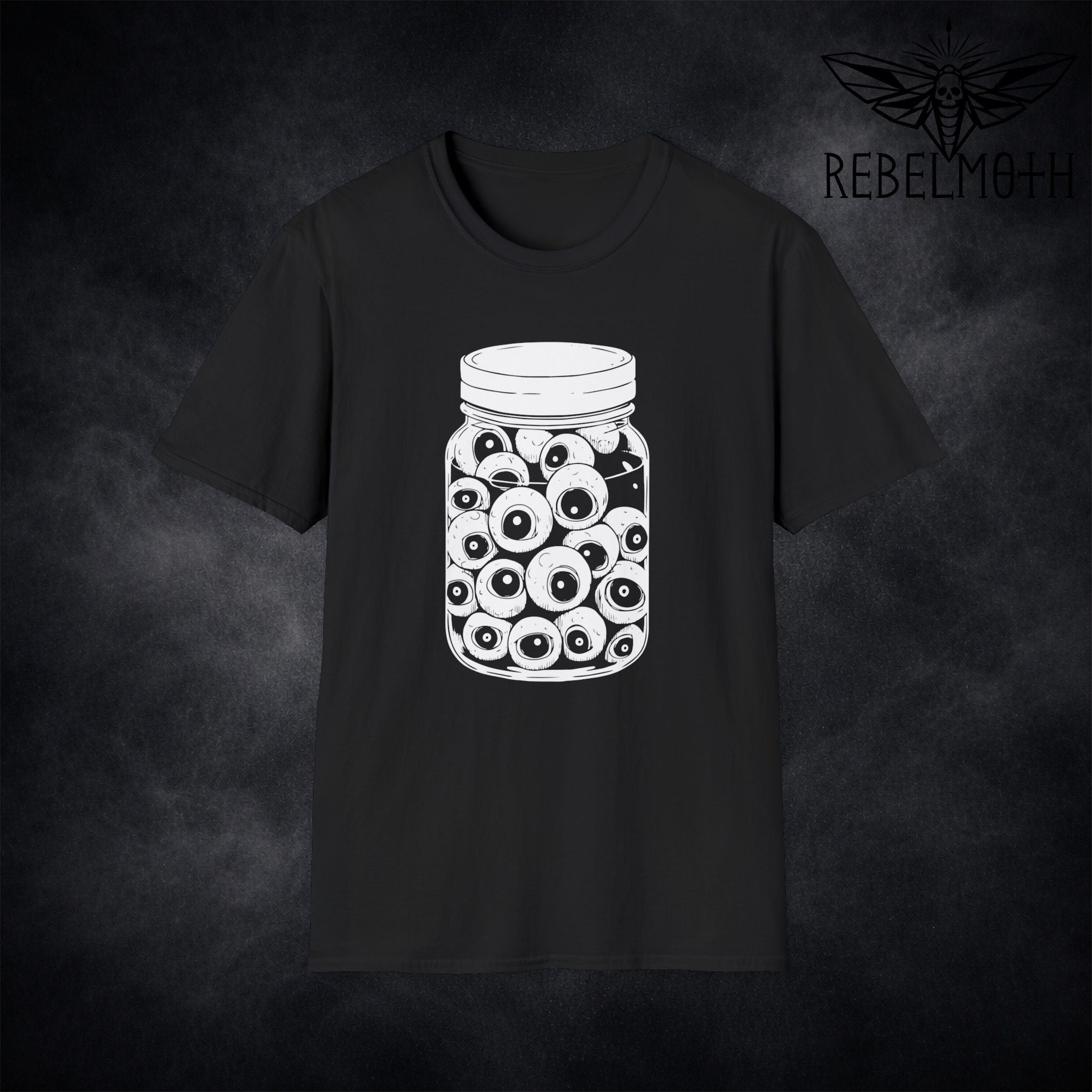 Black t-shirt with jar of eyeballs graphic in black-and-white line art (weird goth tee)