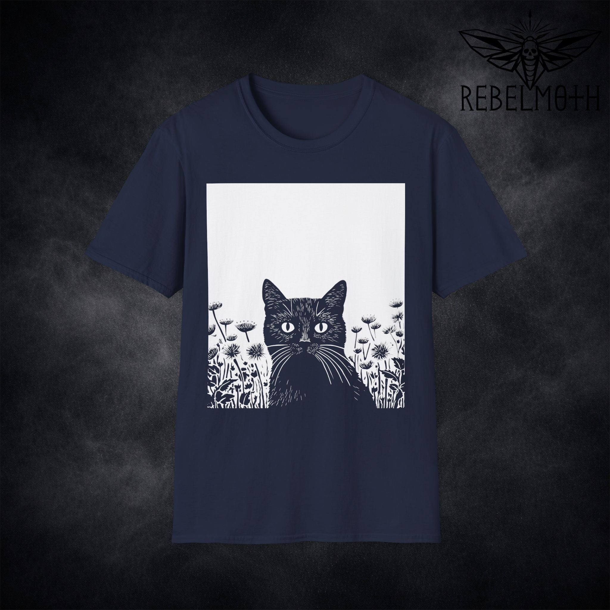 Navy Blue t-shirt with black cat in a wildflower garden vintage linoprint graphic (cat garden tee)