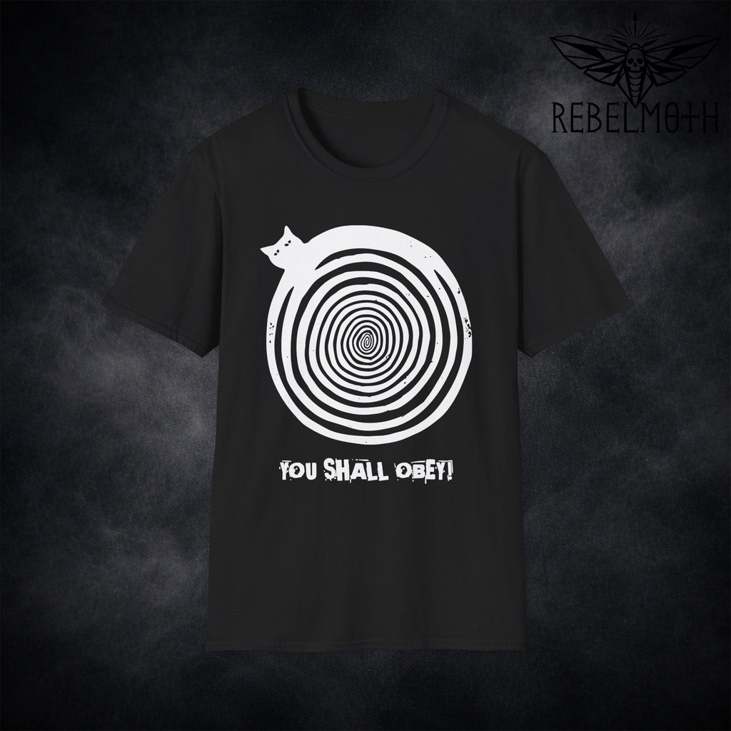Black hypnotic cat T-shirt with spiral graphic and You Shall Obey text by RebelMoth