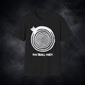 Black hypnotic cat T-shirt with spiral graphic and You Shall Obey text by RebelMoth