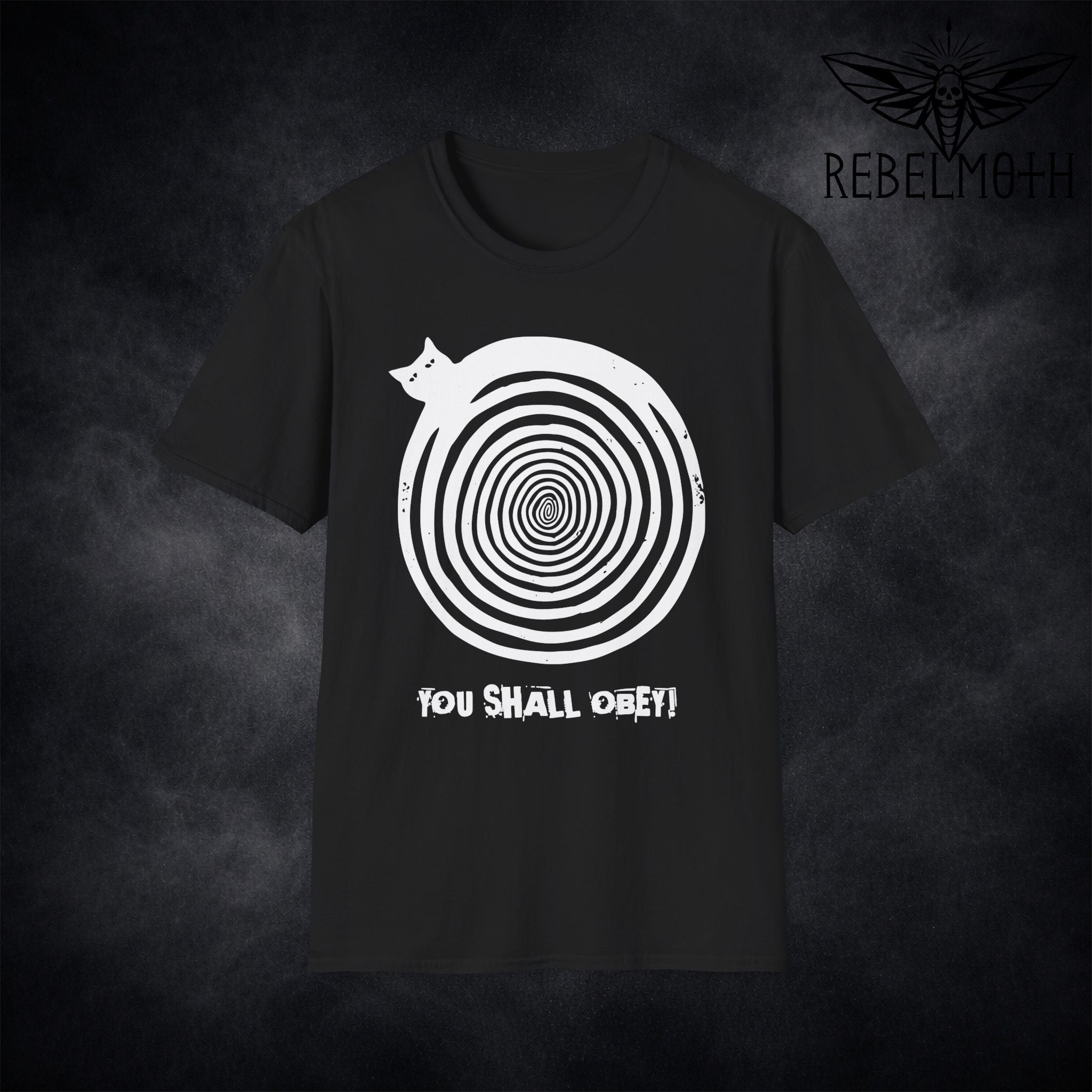 Black hypnotic cat T-shirt with spiral graphic and You Shall Obey text by RebelMoth