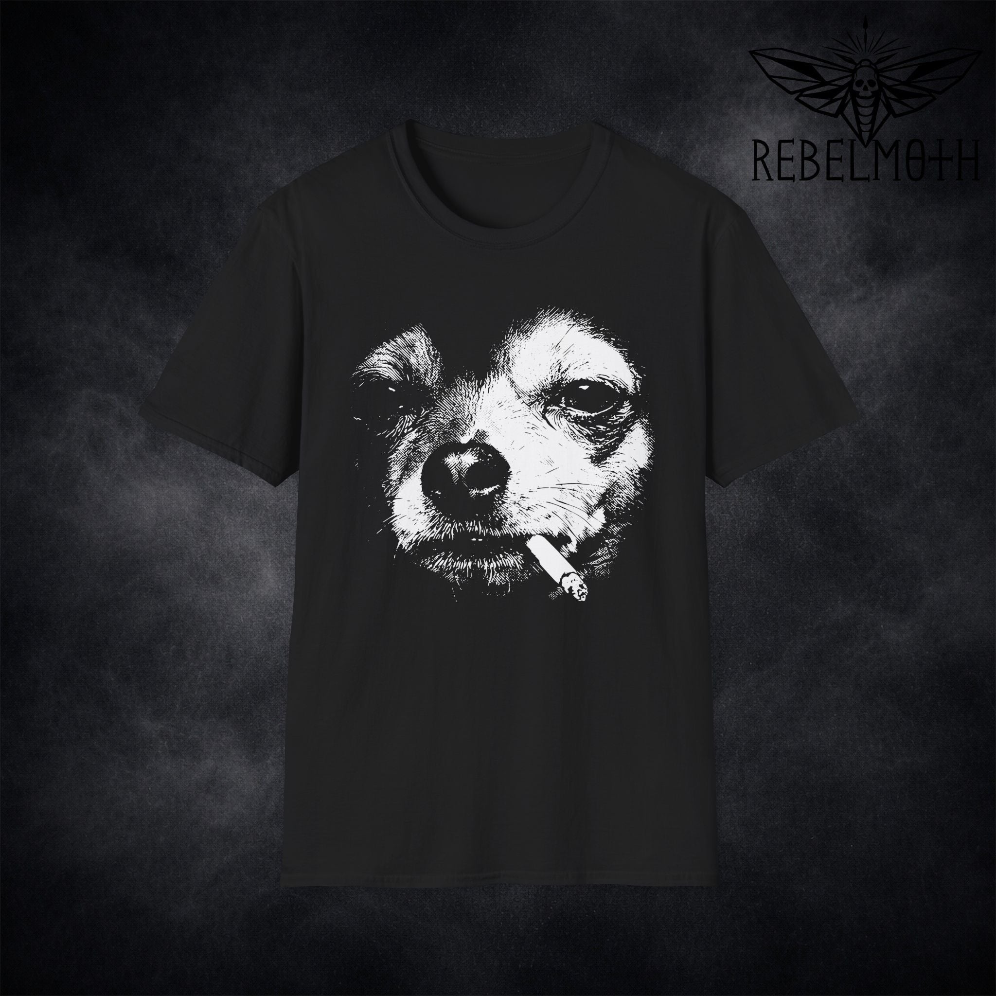Black smoking chihuahua T-shirt with white vintage-style dog face graphic by RebelMoth