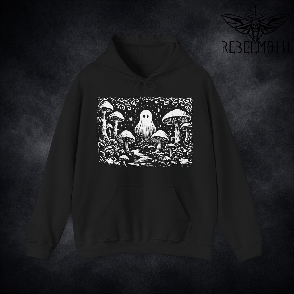 Black hoodie with linocut-style ghost in a mushroom forest graphic (weirdcore goth hoodie)