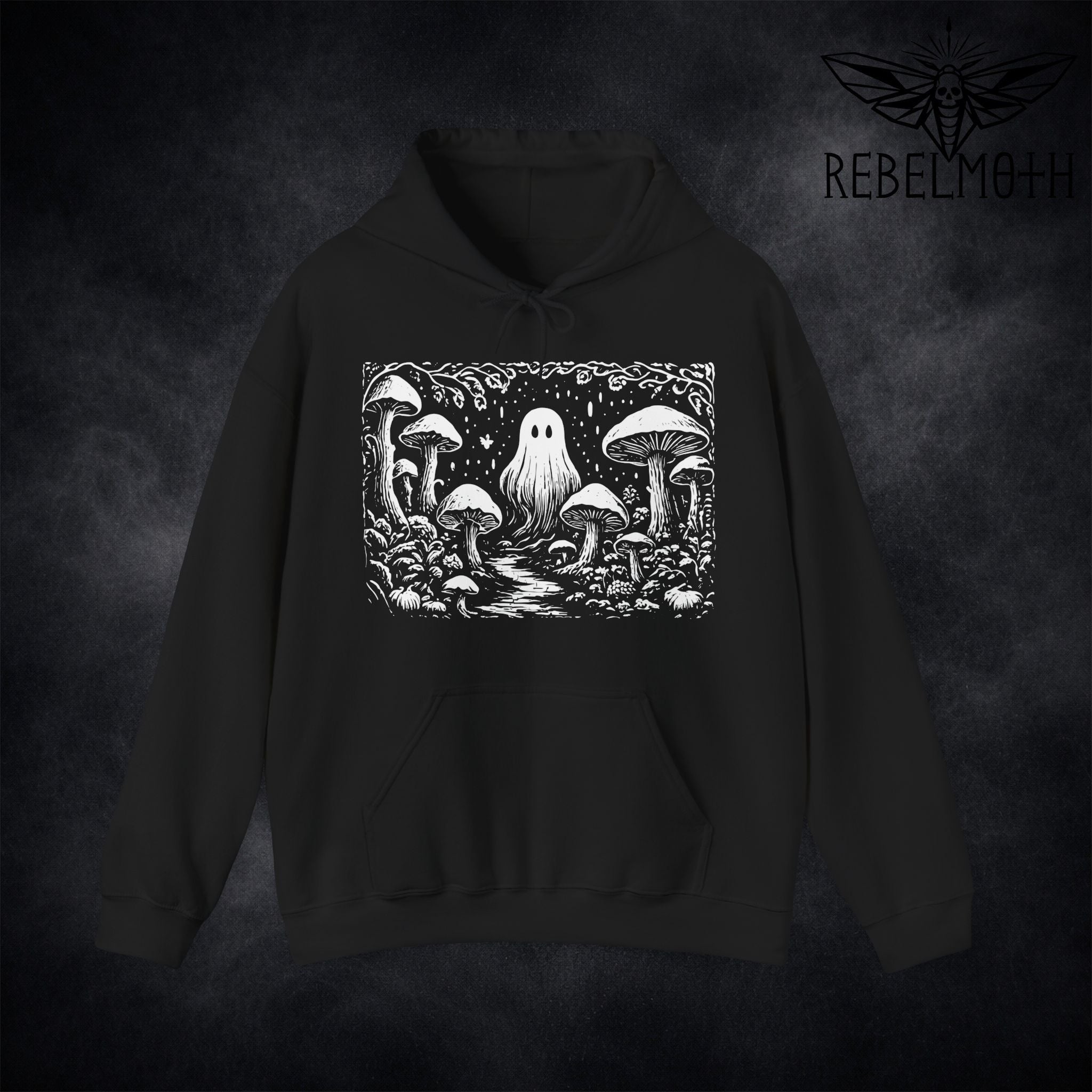 Black hoodie with linocut-style ghost in a mushroom forest graphic (weirdcore goth hoodie)