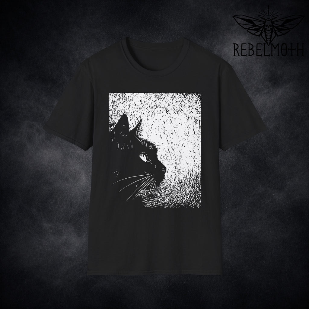 Black t-shirt with black cat silhouette profile graphic in a textured frame (dark aesthetic tee)