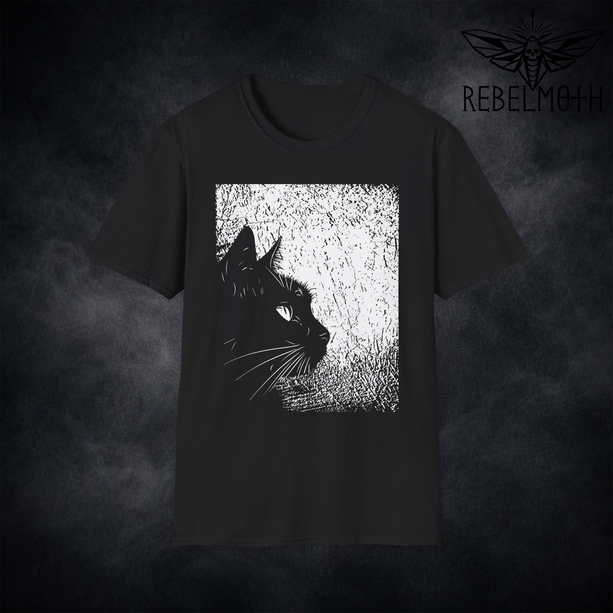 Black t-shirt with black cat silhouette profile graphic in a textured frame (dark aesthetic tee)