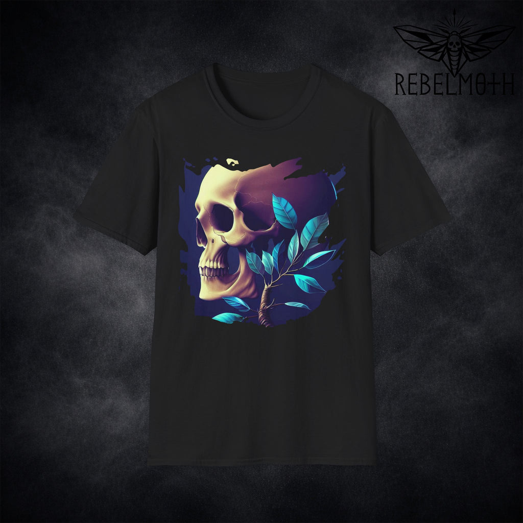 Black dark floral skull T-shirt with blue leaves and goth graphic by RebelMoth