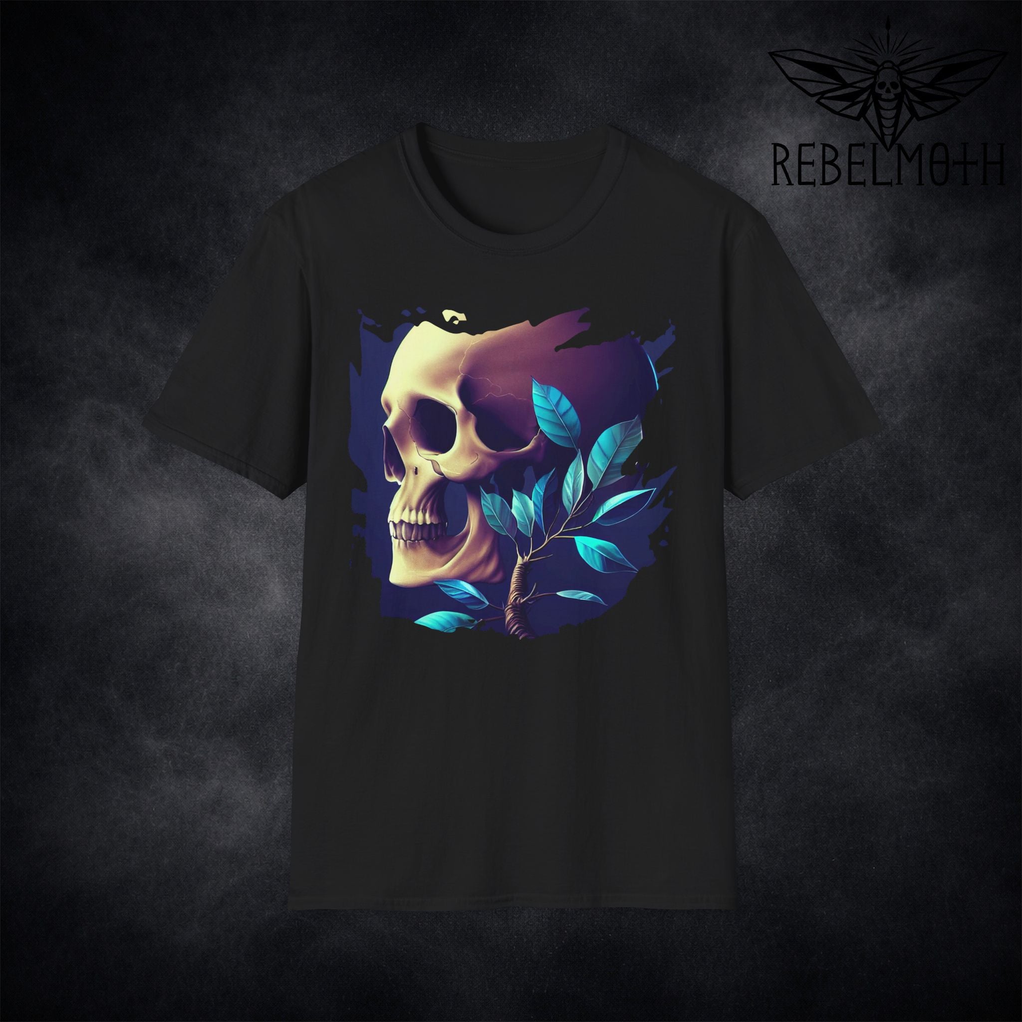 Black dark floral skull T-shirt with blue leaves and goth graphic by RebelMoth