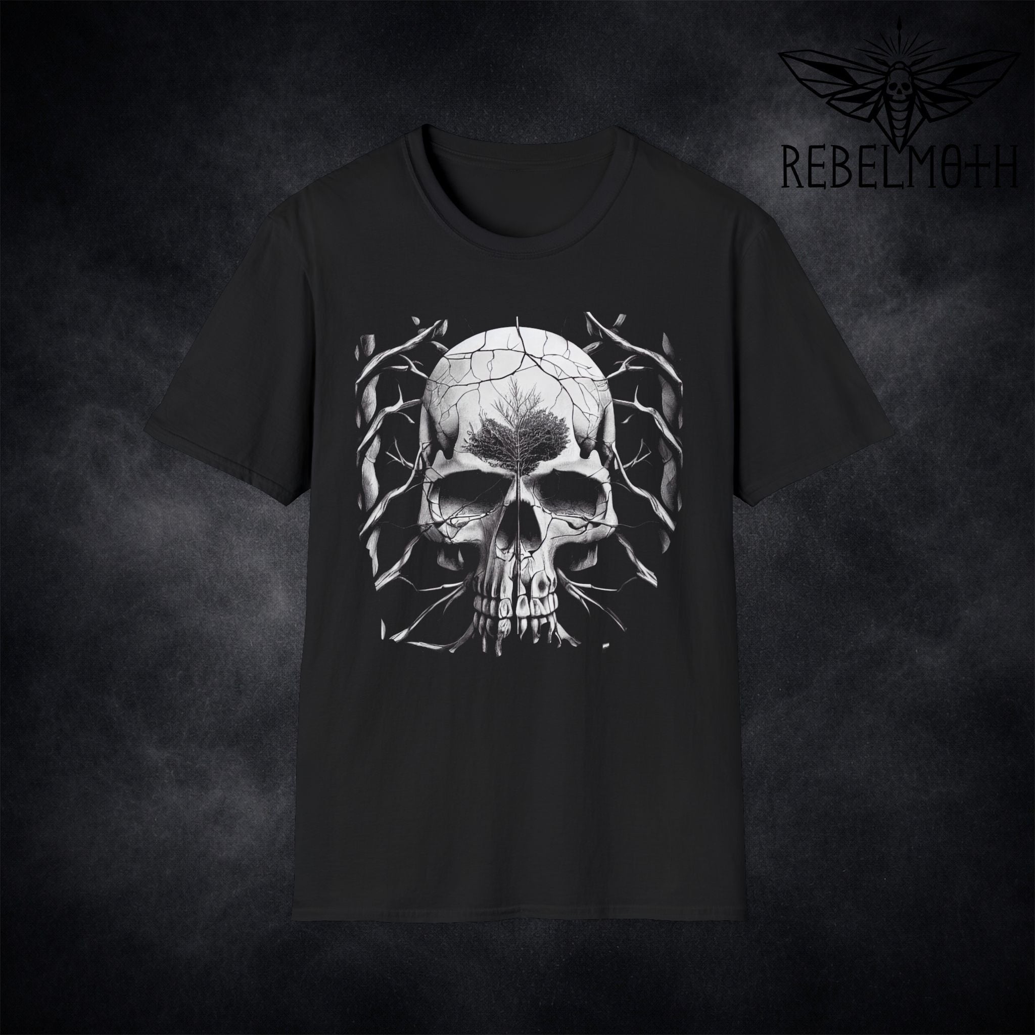 Black t-shirt with cracked skull and tree tattoo-style graphic in high contrast