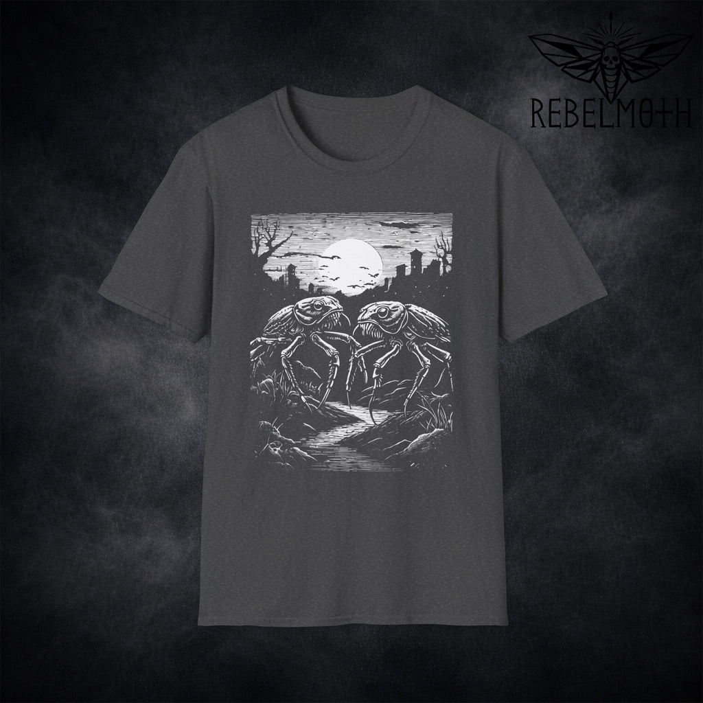 Grey Cockroach grunge t-shirt with a bold roach night scene under the moon