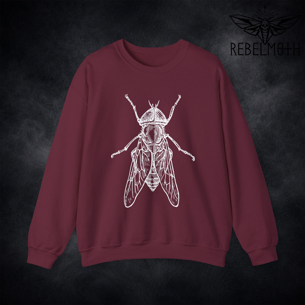 Maroon sweatshirt with weird house fly insect vintage bug graphic