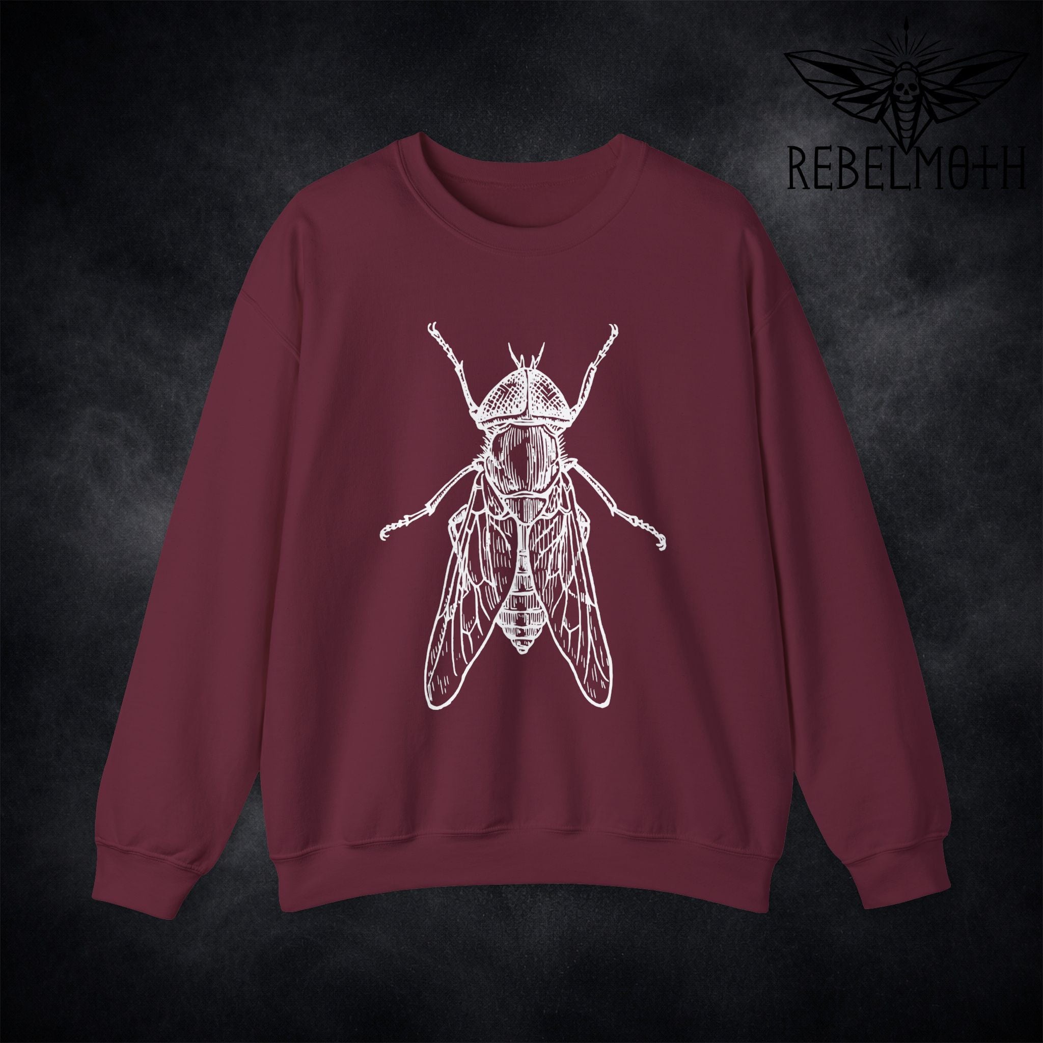 Maroon sweatshirt with weird house fly insect vintage bug graphic