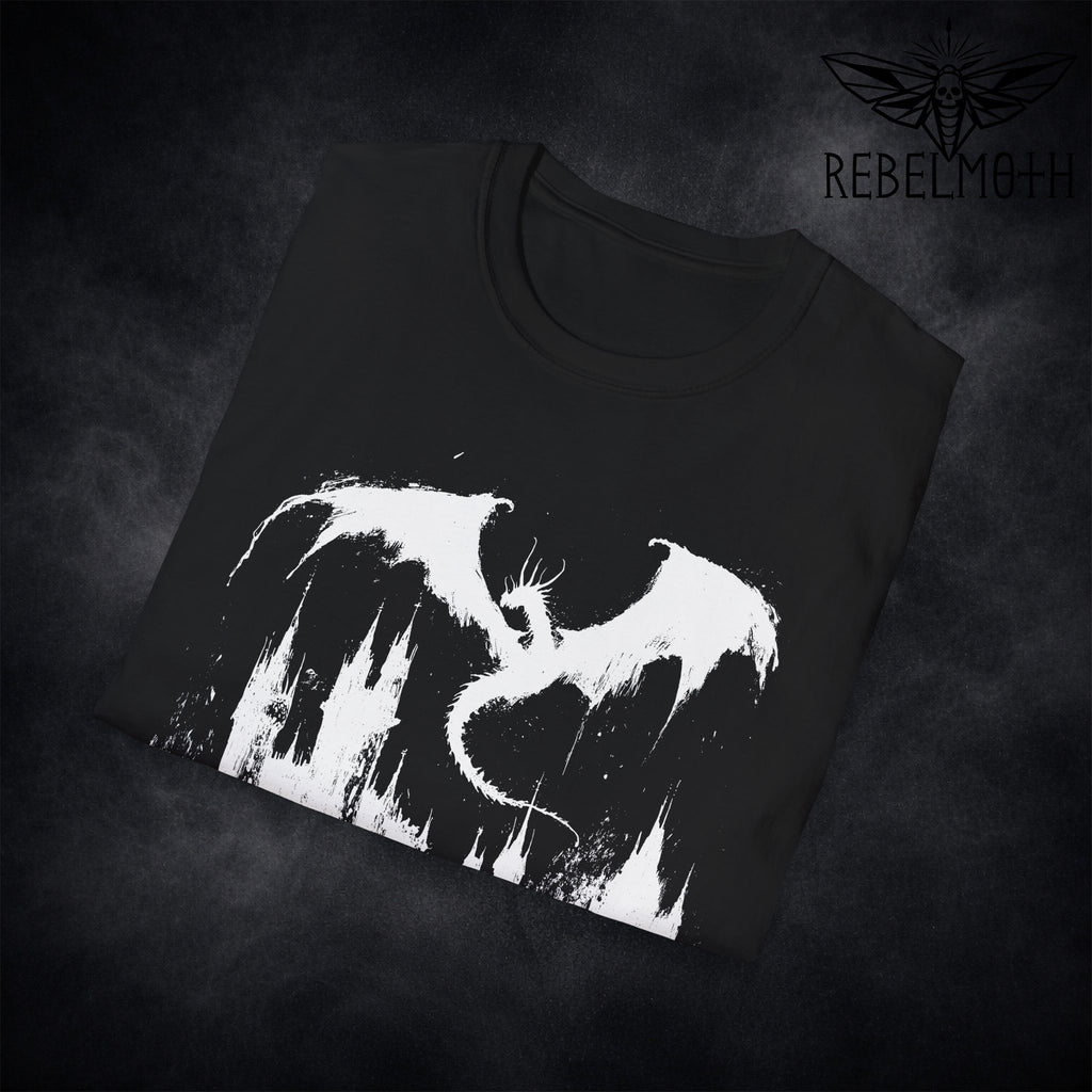 Flat lay of medieval dragon castle t-shirt with centered dark fantasy graphic