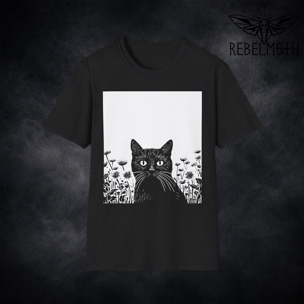 Black t-shirt with black cat in a wildflower garden vintage linoprint graphic (cat garden tee)