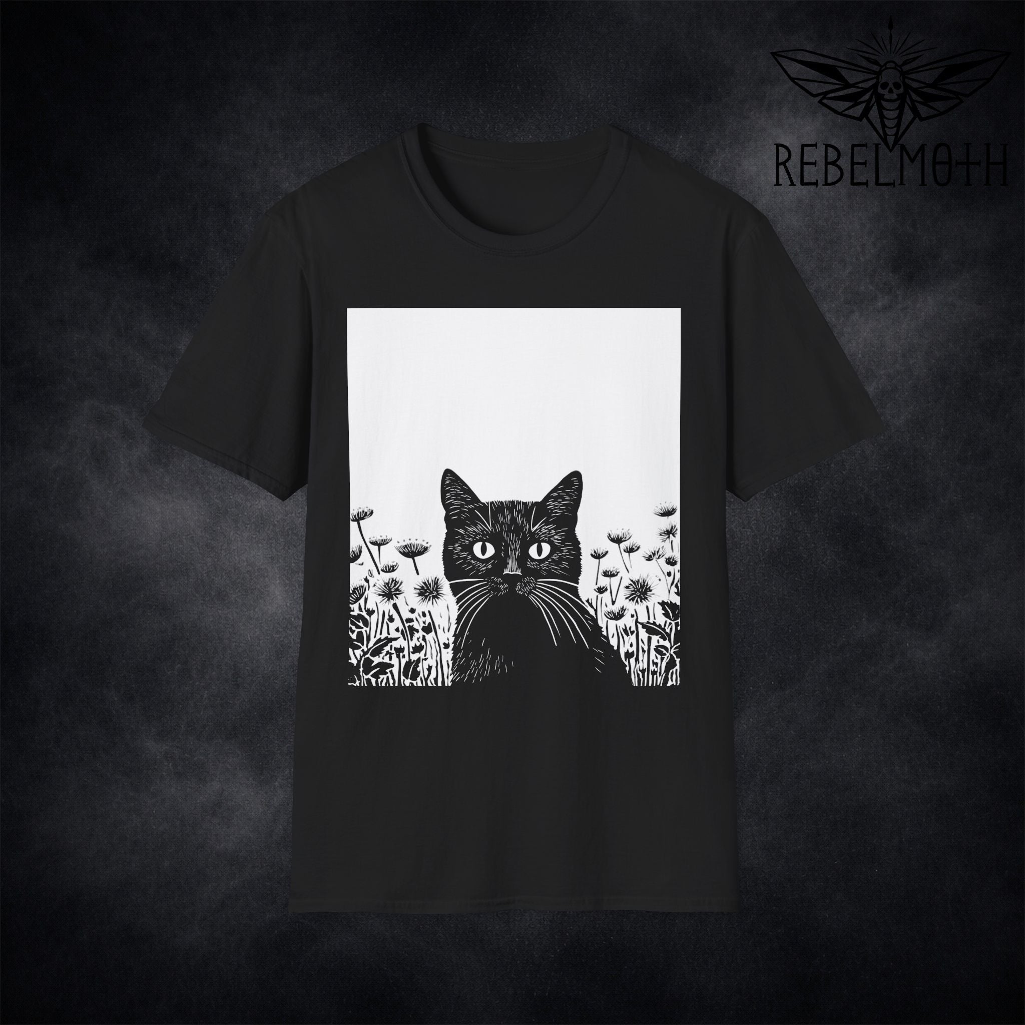 Black t-shirt with black cat in a wildflower garden vintage linoprint graphic (cat garden tee)