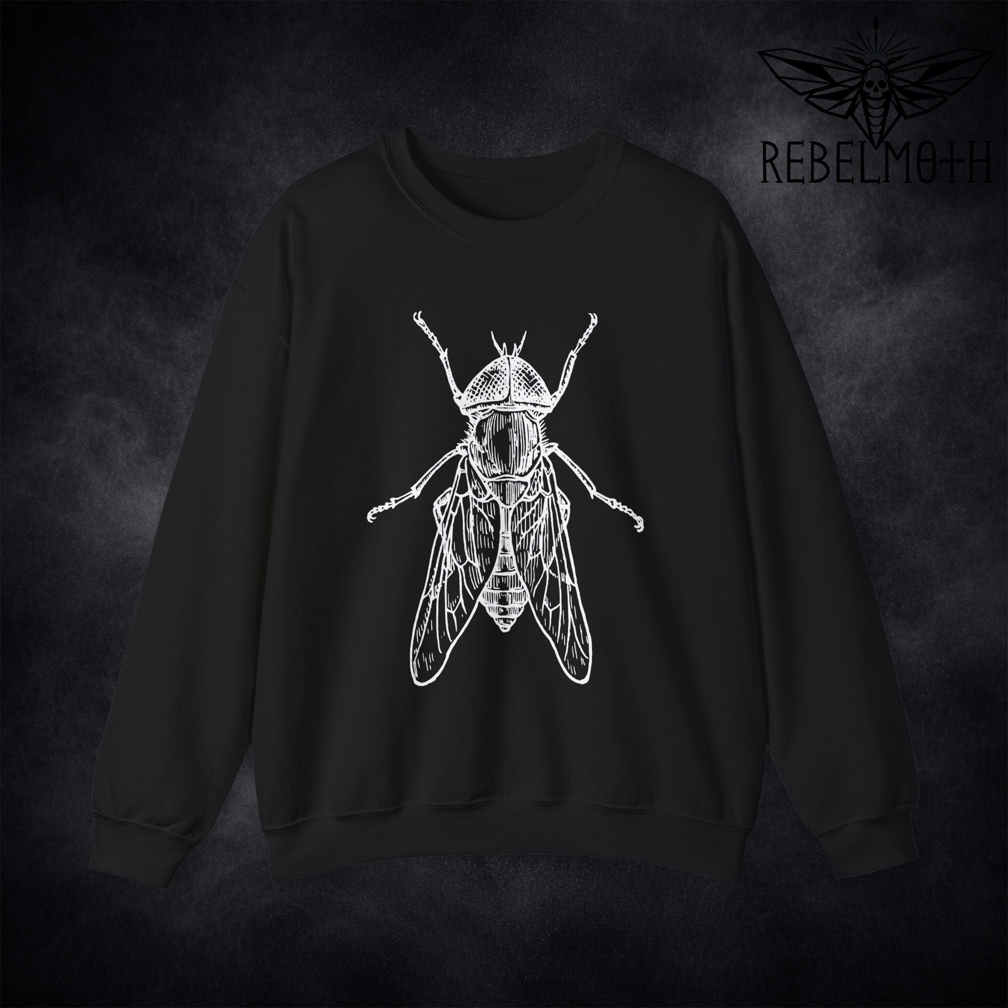 Black crewneck sweatshirt with vintage house fly insect illustration graphic in white line art (bug graphic)