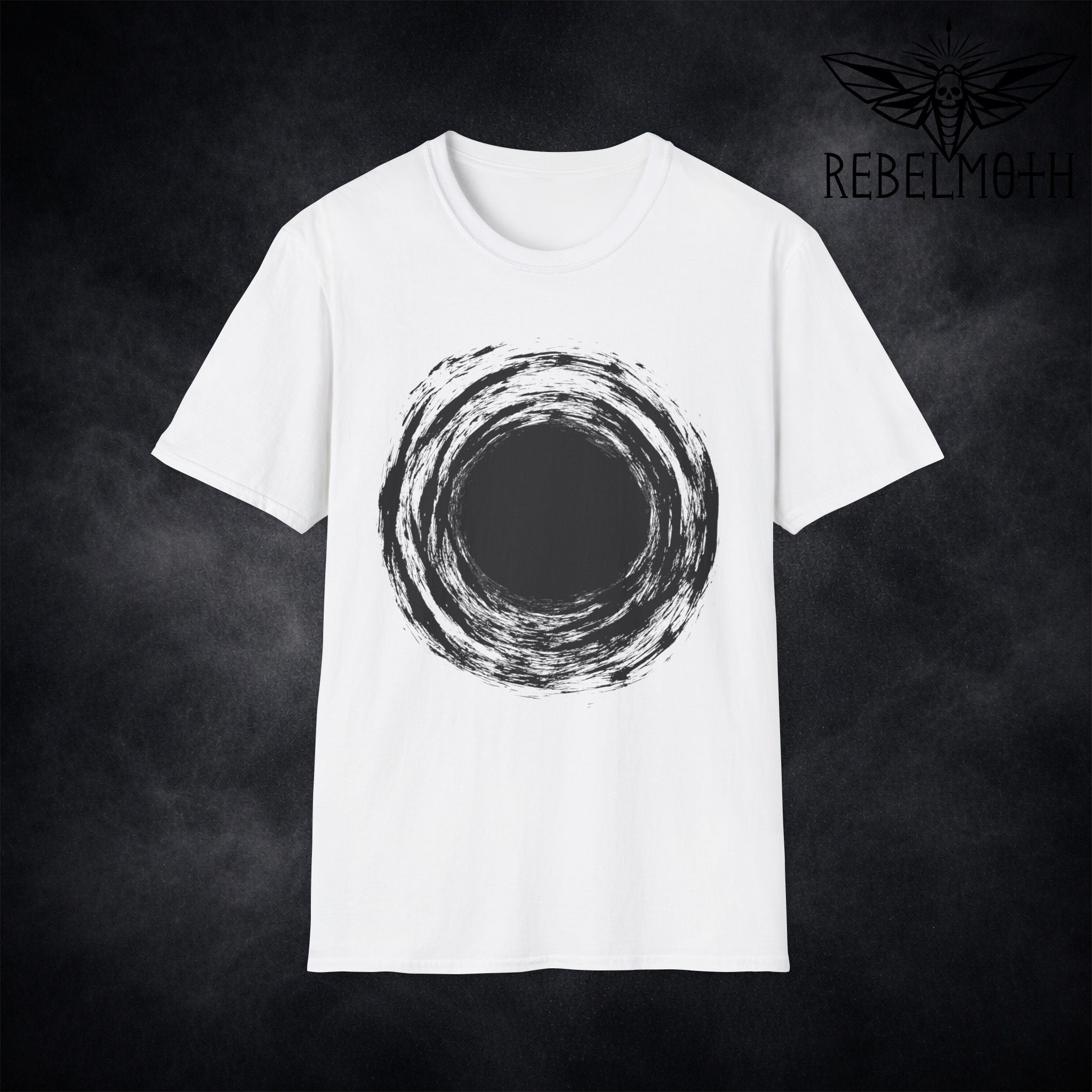 Black hole t-shirt with a rough brush vortex graphic. Minimal edgy design for alternative streetwear, goth-adjacent and grunge/metal outfits.