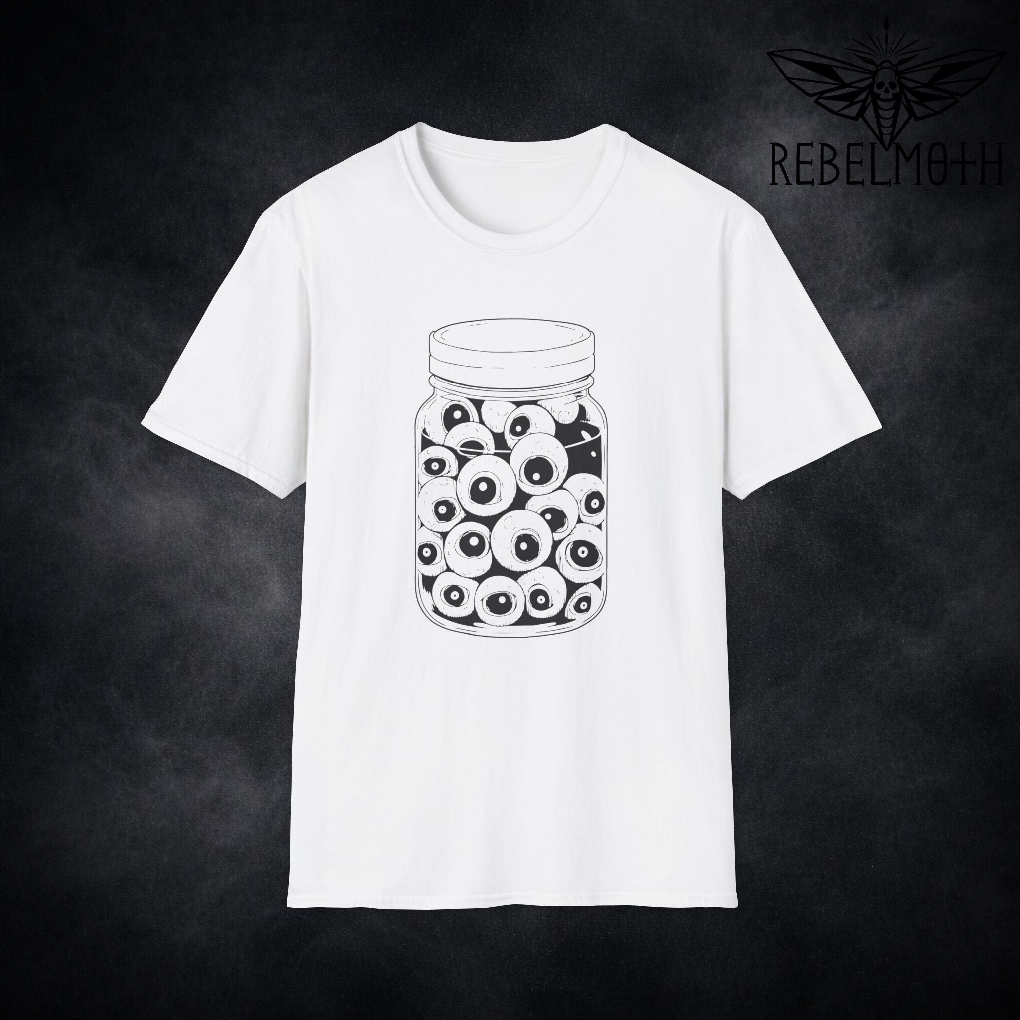 White t-shirt with a graphic of a jar filled with eyes in goth, edgy style.