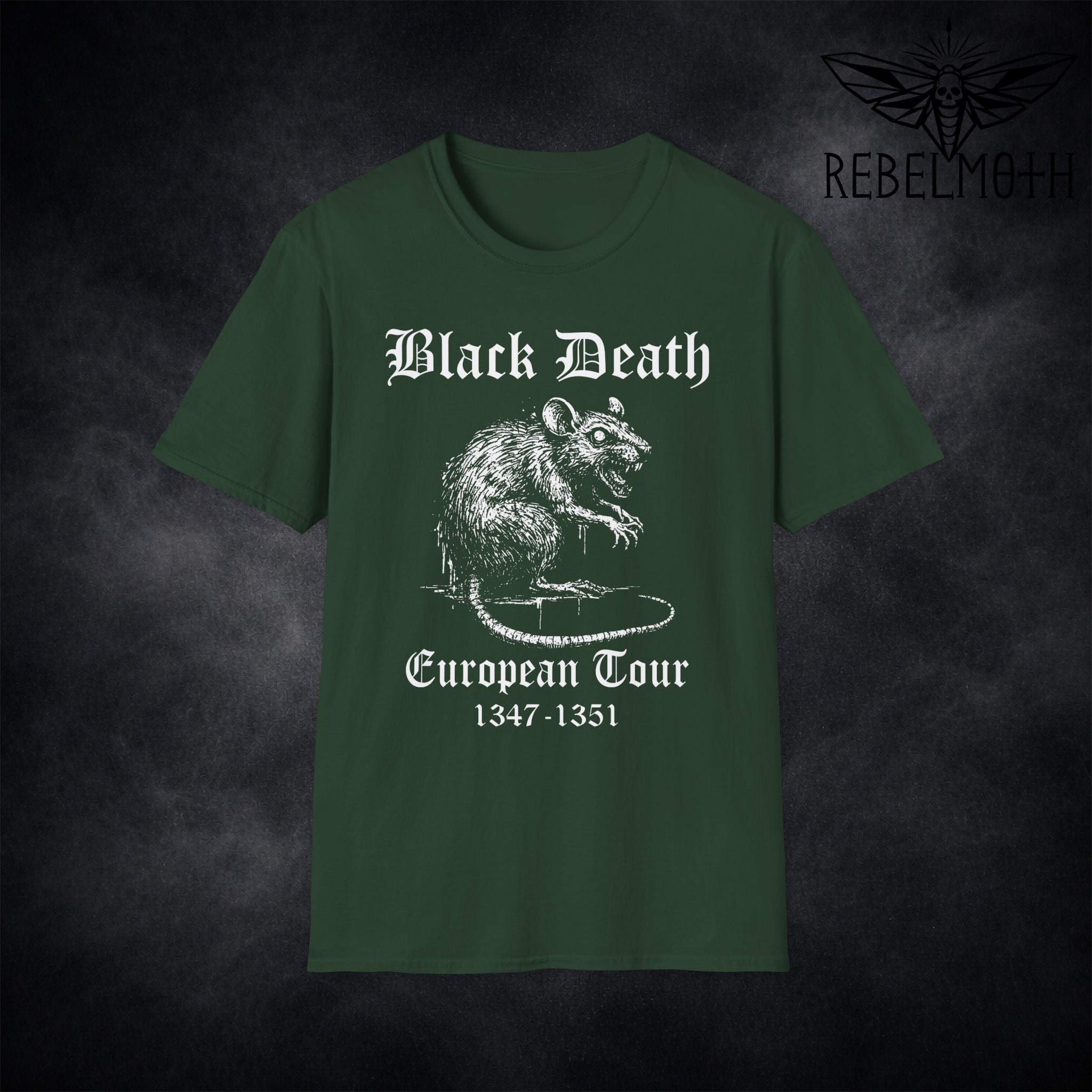 Forest Green Black Death European Tour T-shirt with white plague rat graphic and gothic text by RebelMoth