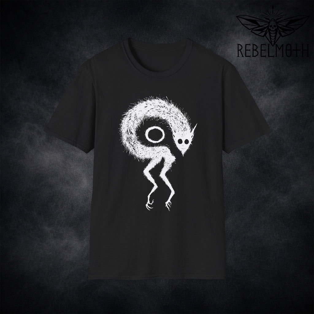 Black t-shirt with weirdcore demon monster occult graphic in high-contrast minimalist style