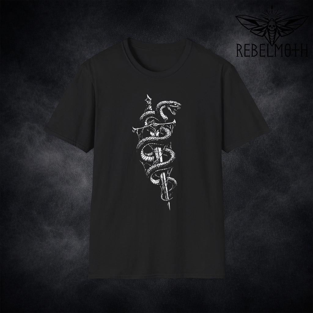 Gothic snake sword graphic t-shirt with serpent wrapped around dagger on black t-shirt