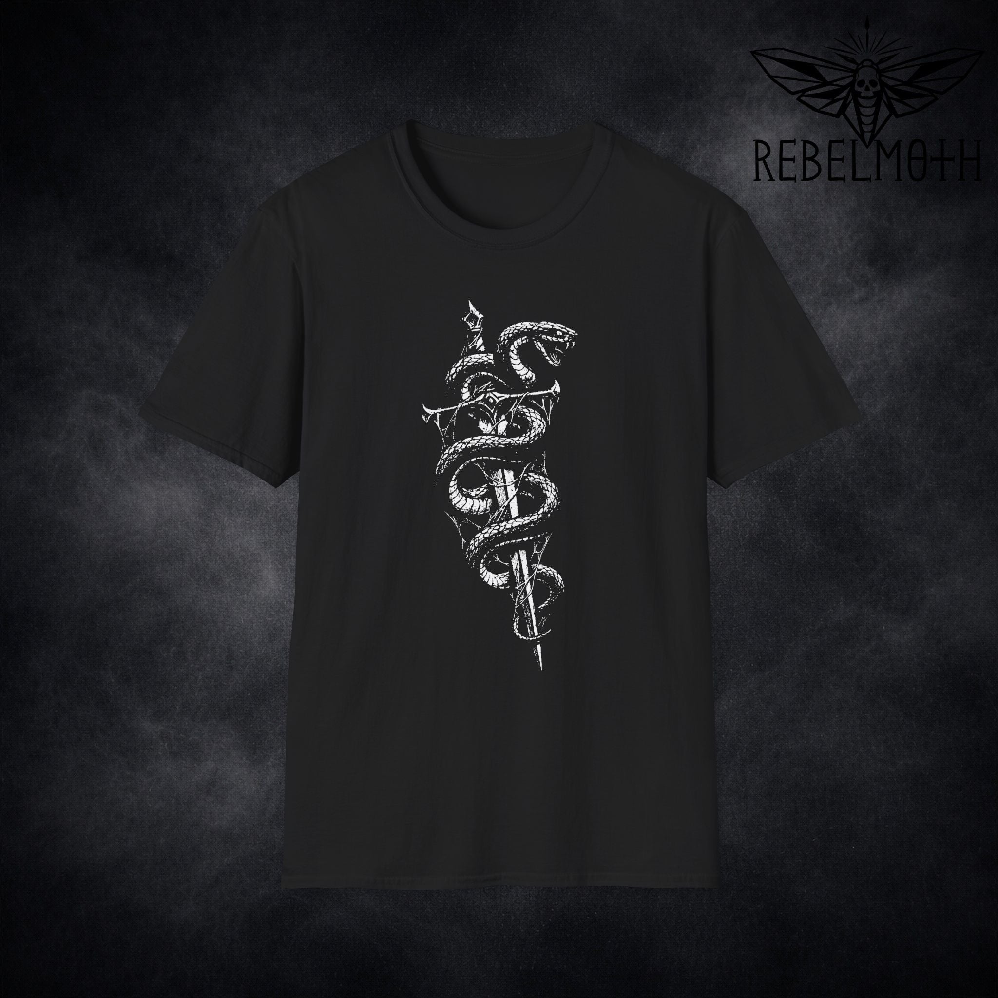 Gothic snake sword graphic t-shirt with serpent wrapped around dagger on black t-shirt